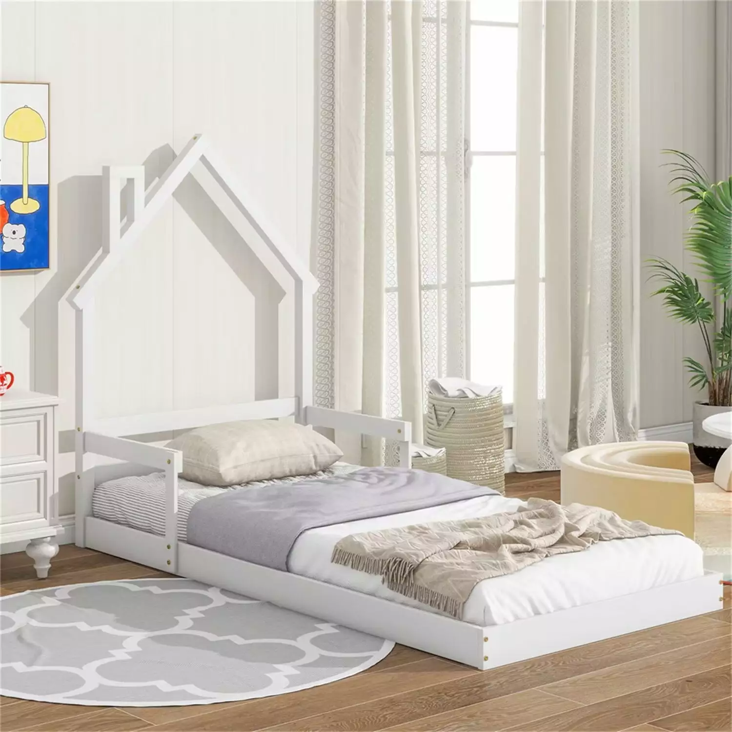 Twin Floor Bed for Kids Toddlers. Wooden Montessori Bed Frame with House-shaped Headboard and Handrails. Playhouse Bed Tent Bed for Boys Girls Bedroom. Easy Assembly. White