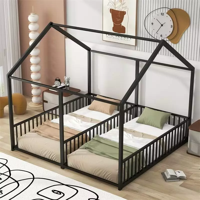 Twin Floor Beds for Kids. Double Twin Size Metal House Bed with Roof and Rails. Montessori Bed Two Shared Beds for Boys Girls Teens Bedroom. Black