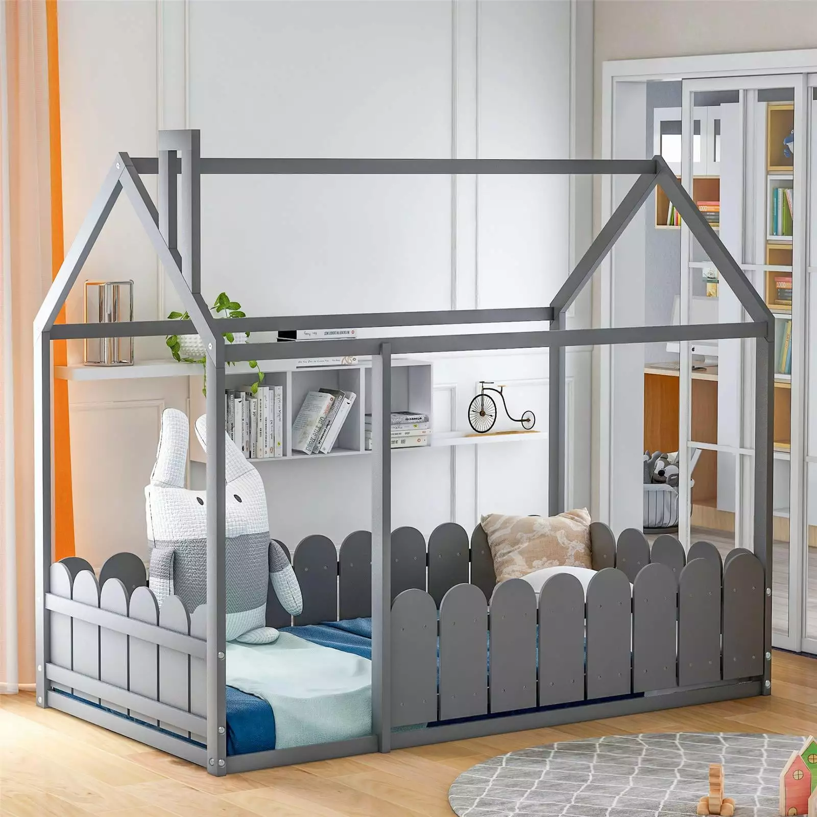 Twin House Bed. Floor Bed with Roof and Fence. Solid Wood Bed Frame for Kids Teens Girls Boys. Not included Slats. Box Spring Needed. No Limit Weight Capacity. Gray