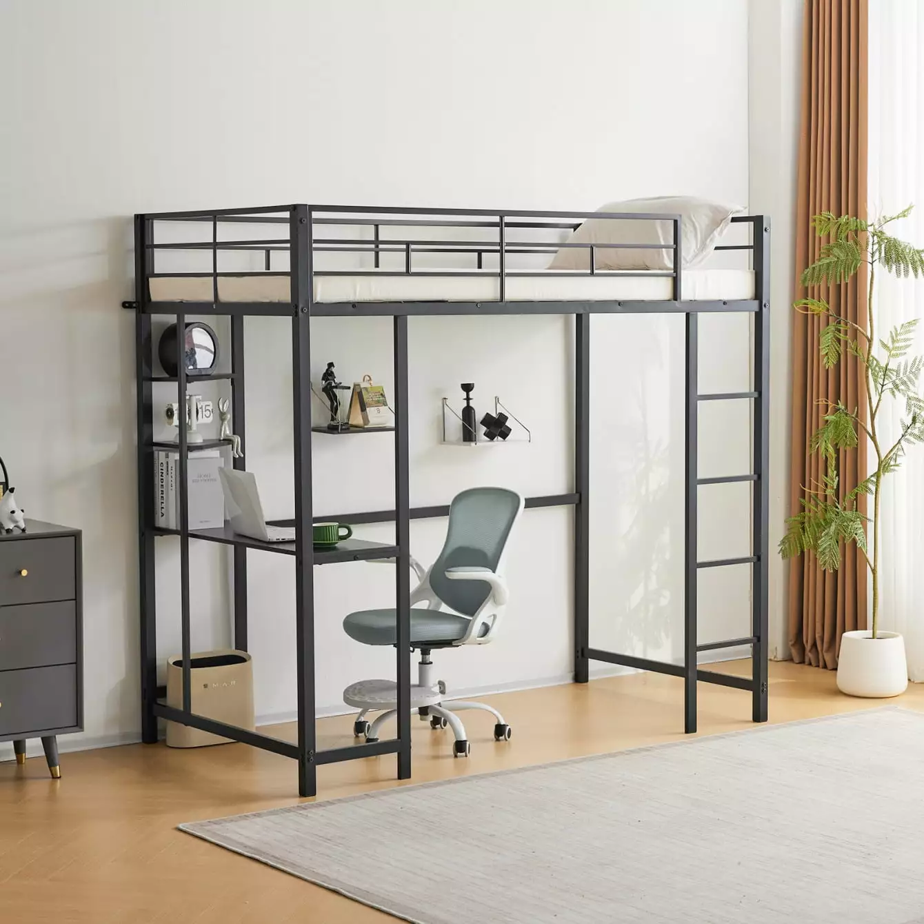 Twin Loft Bed with Desk. Metal Loft Bed Frame with Shelves. Ladders and Guardrails. Twin Size Loft Bed for Teens Juniors Adults. Noise-Free & No Box Spring Needed. Black