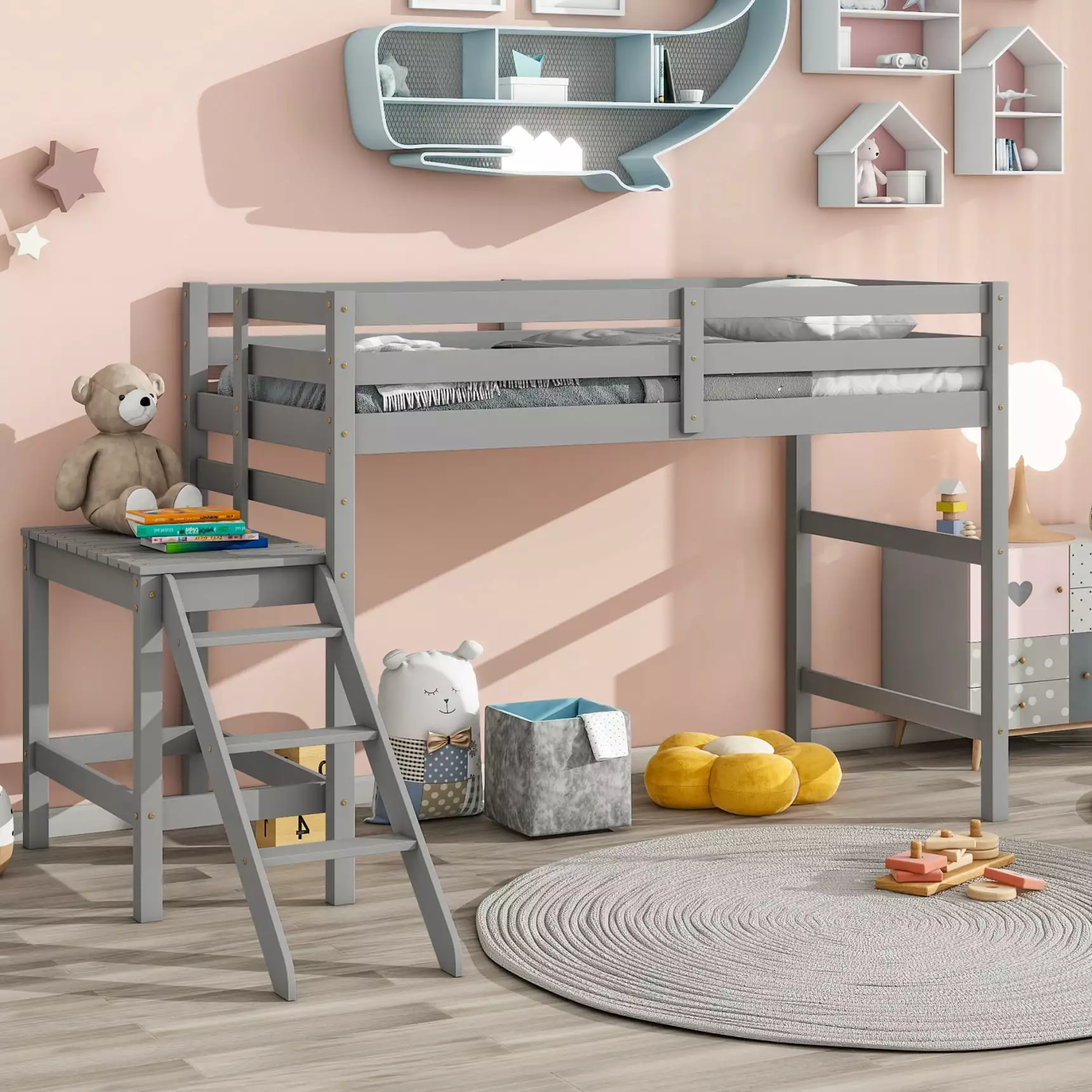 Twin Loft Bed with Platform. Solid Wood Low Loft Bed with Guard Rail and Ladder. Twin Bed Frame for Kids Boys and Girls Room. Classic Children Loft Bed for Bedroom. No Box Spring Needed. Gray