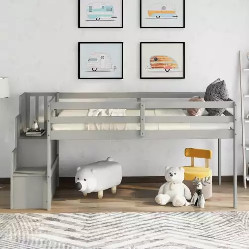 Twin Loft Bed with Storage Staircase.Twin Bed Frame with Full-Length Safety Guardrails.Twin Size Low Bunk Bed Shelf for Kids Boys Girls Toddler Storage Space for Bedroom.No Box Spring Needed (Gray)