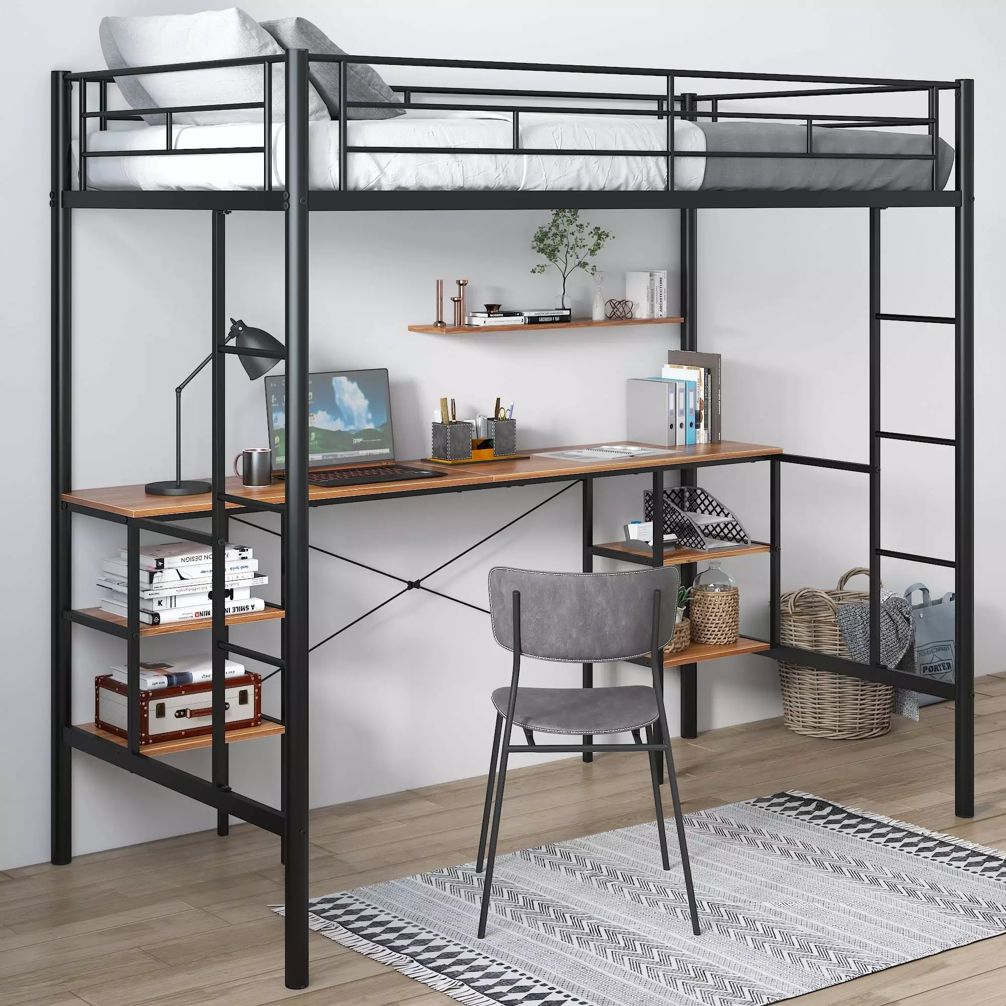 Twin Loft Bed with Desk for Kids Teens. Metal Bunk Loft Bed with 4 Storage Shelves/Stairs/Guardrails. Kids Loft Bed for Bedroom. Black