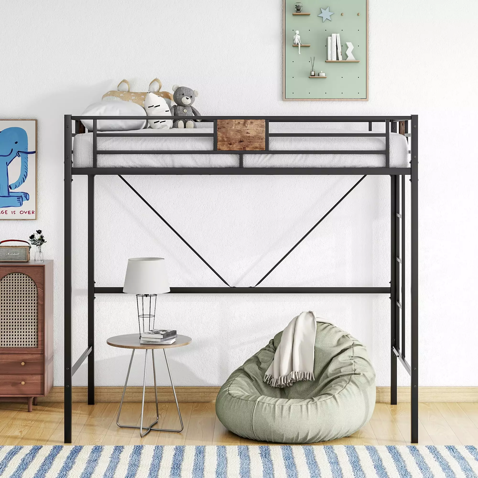 Twin Metal Loft Bed. Heavy Duty Metal Loft Bed with Ladders and High Safety Guardrails. Space-Saving Loft Bed Design. No Box Spring Needed. Noise Free. Twin Size Metal Loft Bed for Kids Adults. Black