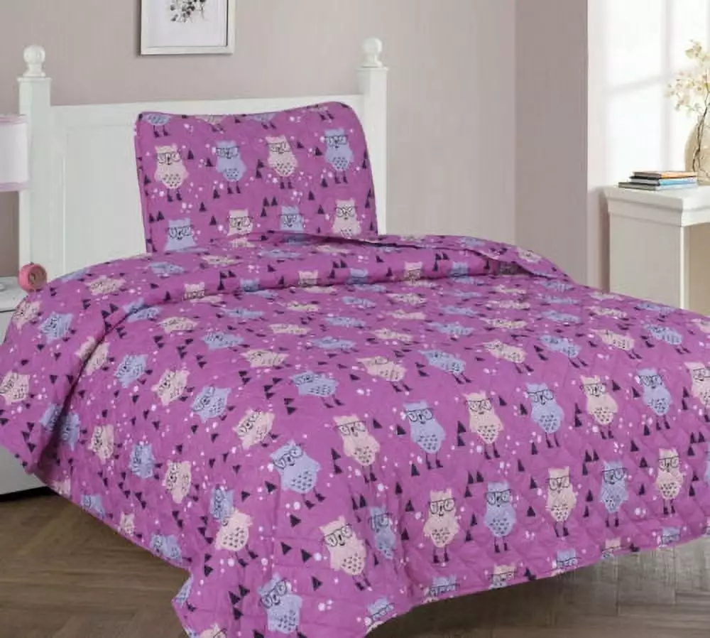 Twin OWL Kids Coverlet Bedspread Quilted Set with Pillow Sham