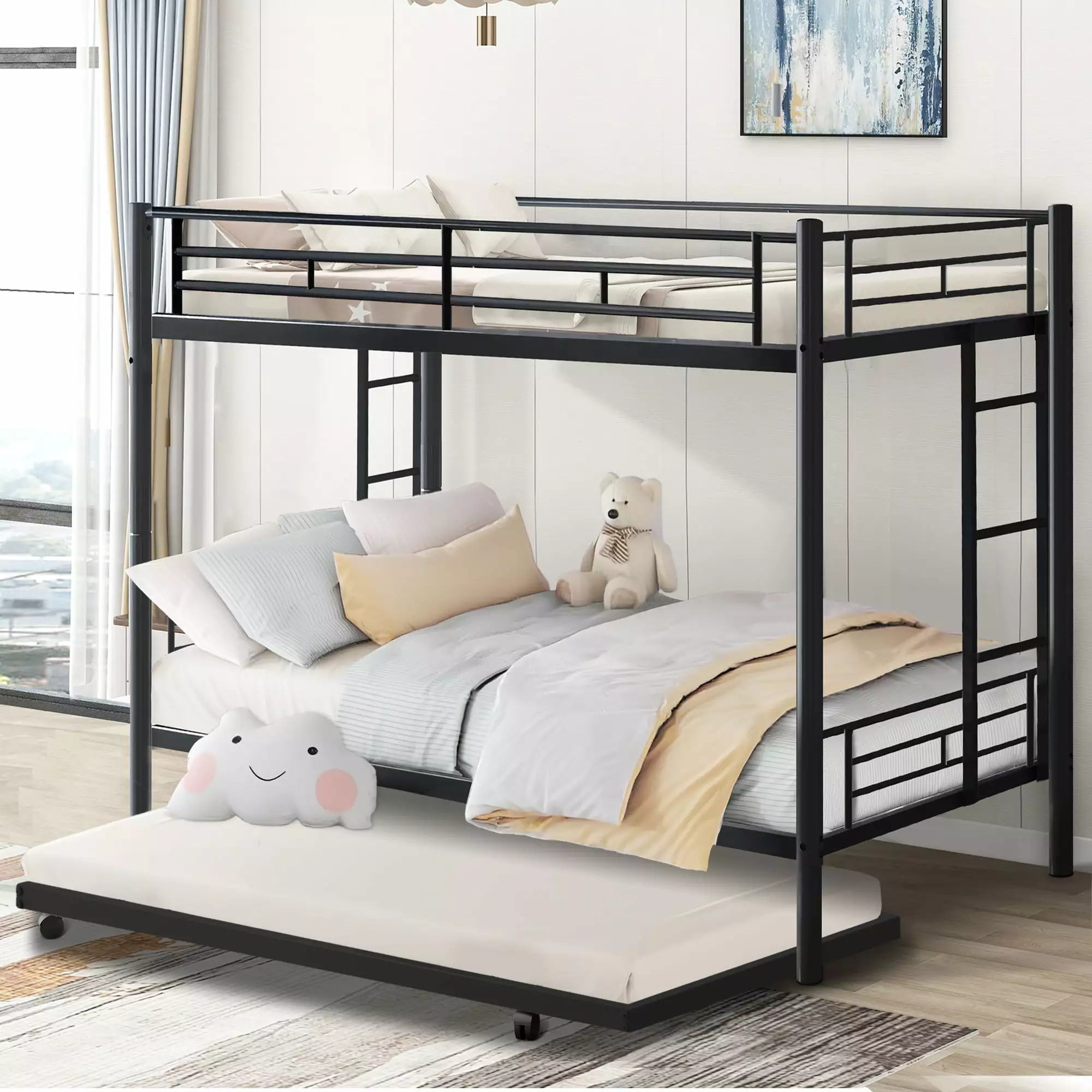 Twin Over Twin Bunk Bed with Trundle. Metal Twin Bed with Safety Guard Rail and Ladders. Space-Saving Design Sleeping Bedroom Bunk Bed for Boys. Girls. Kids. Young Teens and Adults. Easy Assembly. K92