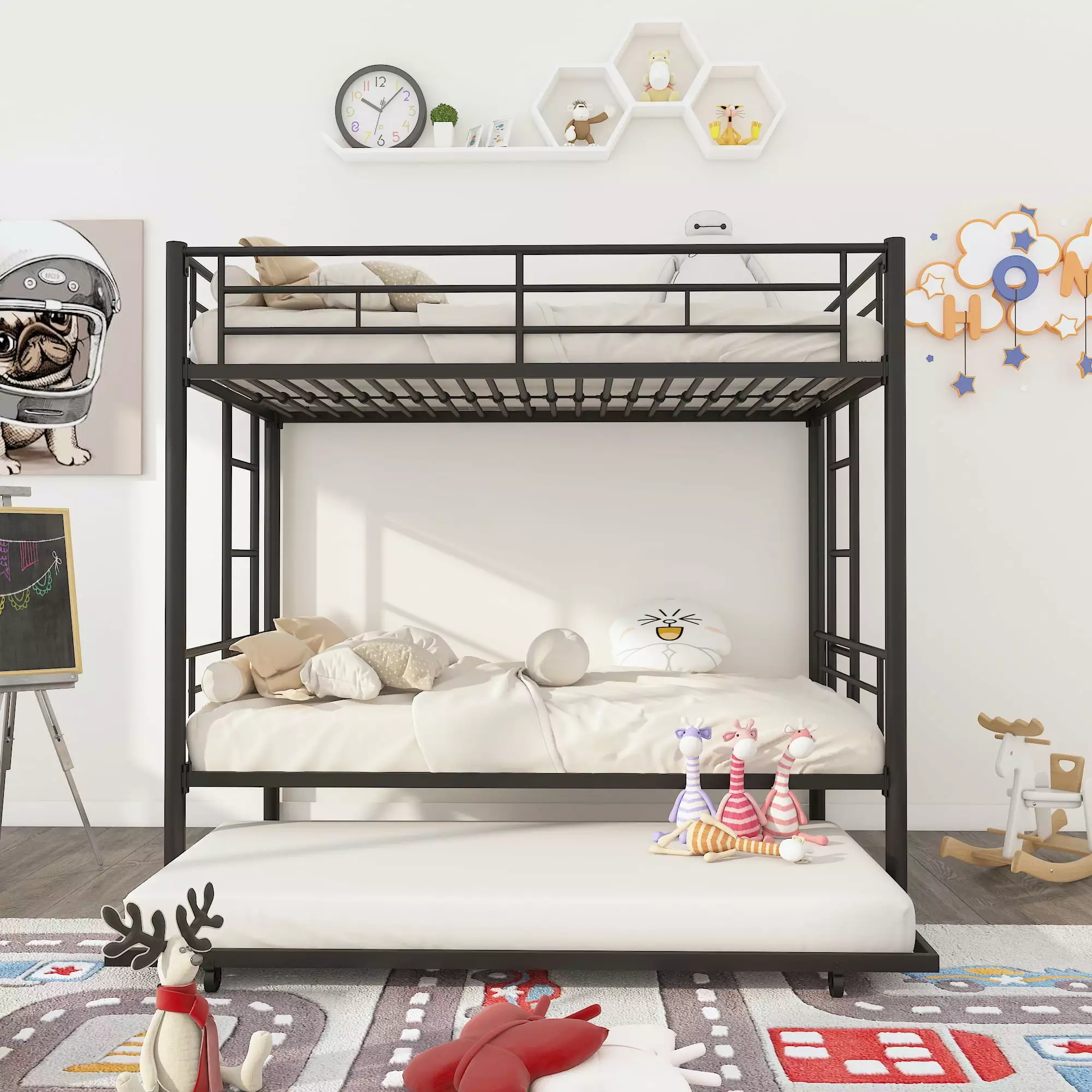 Twin Over Twin Bunk Bed with Trundle. Metal Twin Bed with Safety Guard Rail and Ladders. Space-Saving Design Sleeping Bedroom Bunk Bed for Boys. Girls. Kids. Young Teens and Adults. Easy Assembly