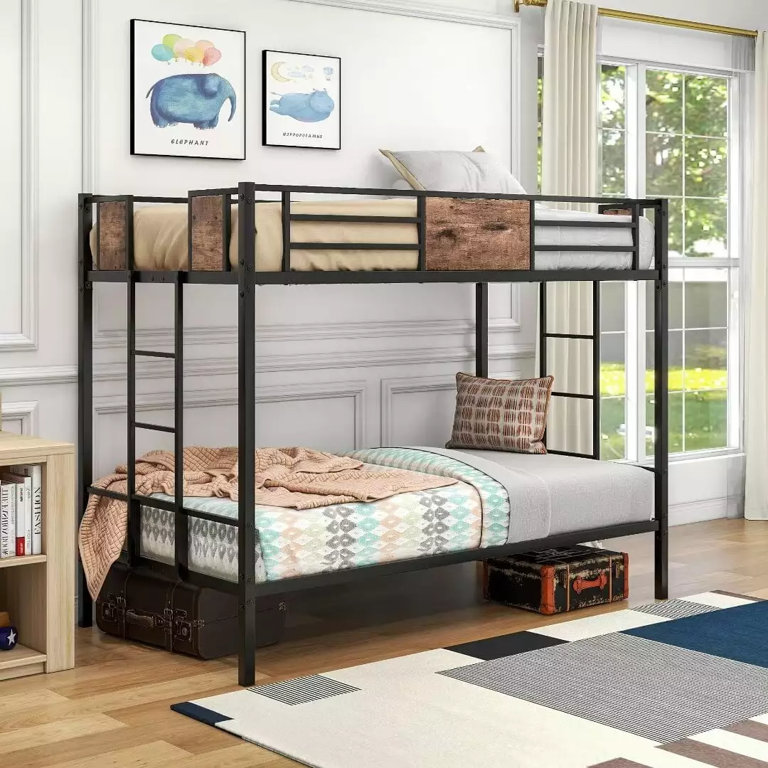 Twin Over Twin Bunk Bed with Underbed Storage. Metal Bunk Bed Frame with 2- Side Ladder and Full-Length Guardrail. 400lbs Capacity Bed Frame for Teens Adults. No Box Spring Needed. Noise Free. Black