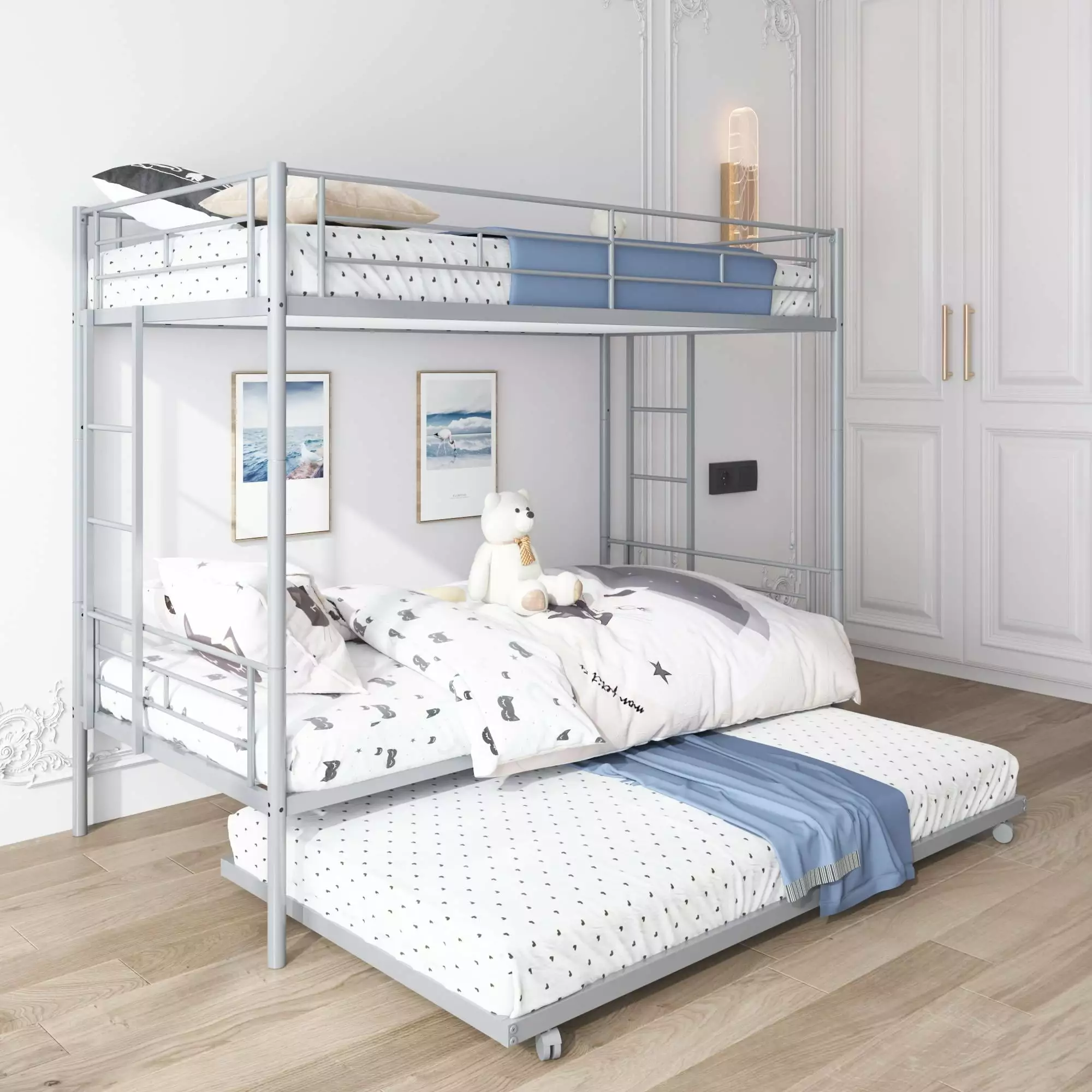 Twin Over Twin Bunk Beds. Convertible Bunk Beds with Trundle for Kids. Sturdy Metal Loft Bed Frame with Staircases. Convertible Bunk Bed with Guard Rail. No Spring Box Needed. Silver