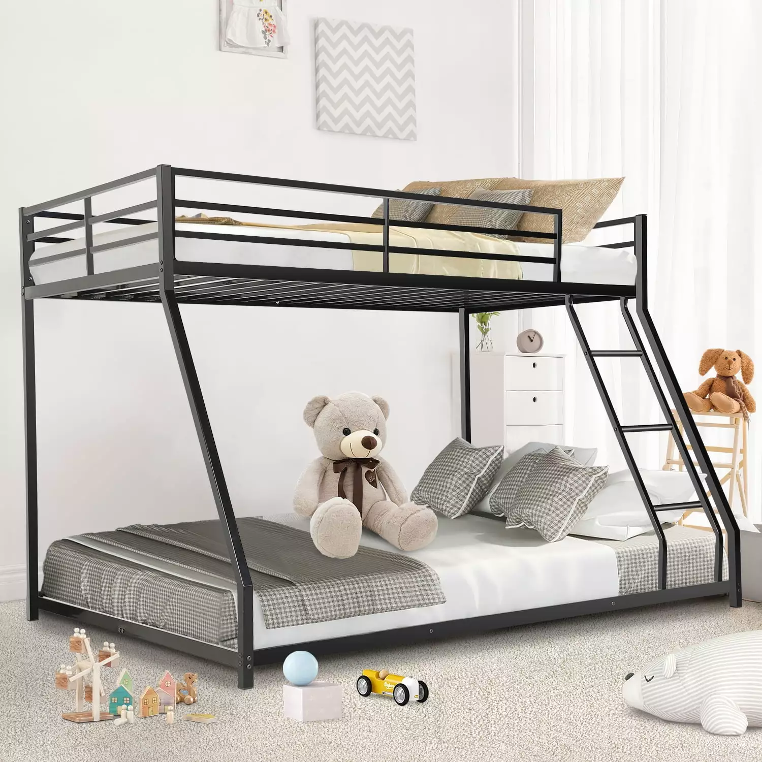 Twin Over Full Bunk Bed. Heavy Duty Metal Bunk Beds Frame with Ladder and Safety Guard Rails. Low Bunkbeds Frame for Dormitory Bedroom Children Teenager Adults. No Box Spring Needed. Black