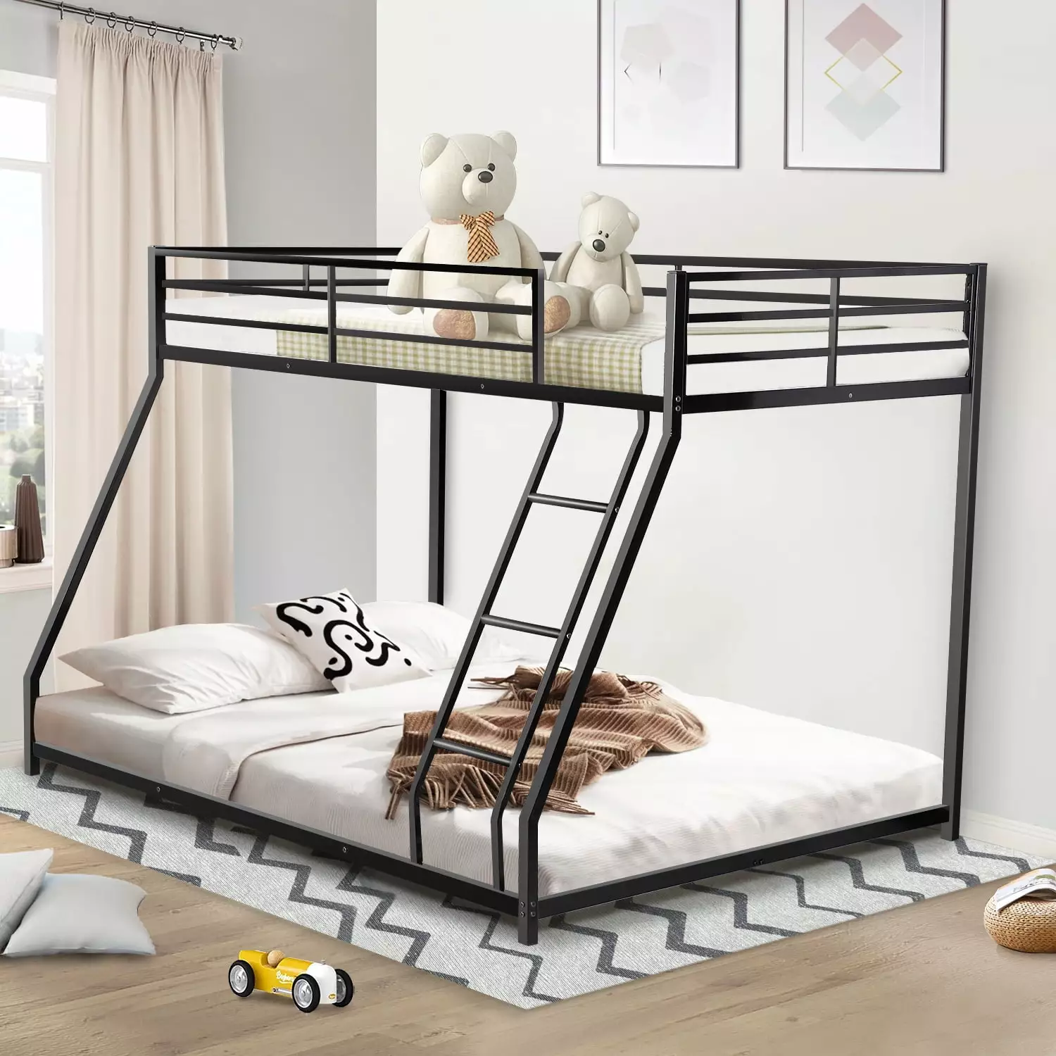 Twin Over Full Bunk Bed for Kids Adults. Industrial Heavy Duty Metal Bunk Bed Frame with Inclined Ladder & Safety Guardrail. Noise-Free & Space-Saving & Easy Climbing. Black