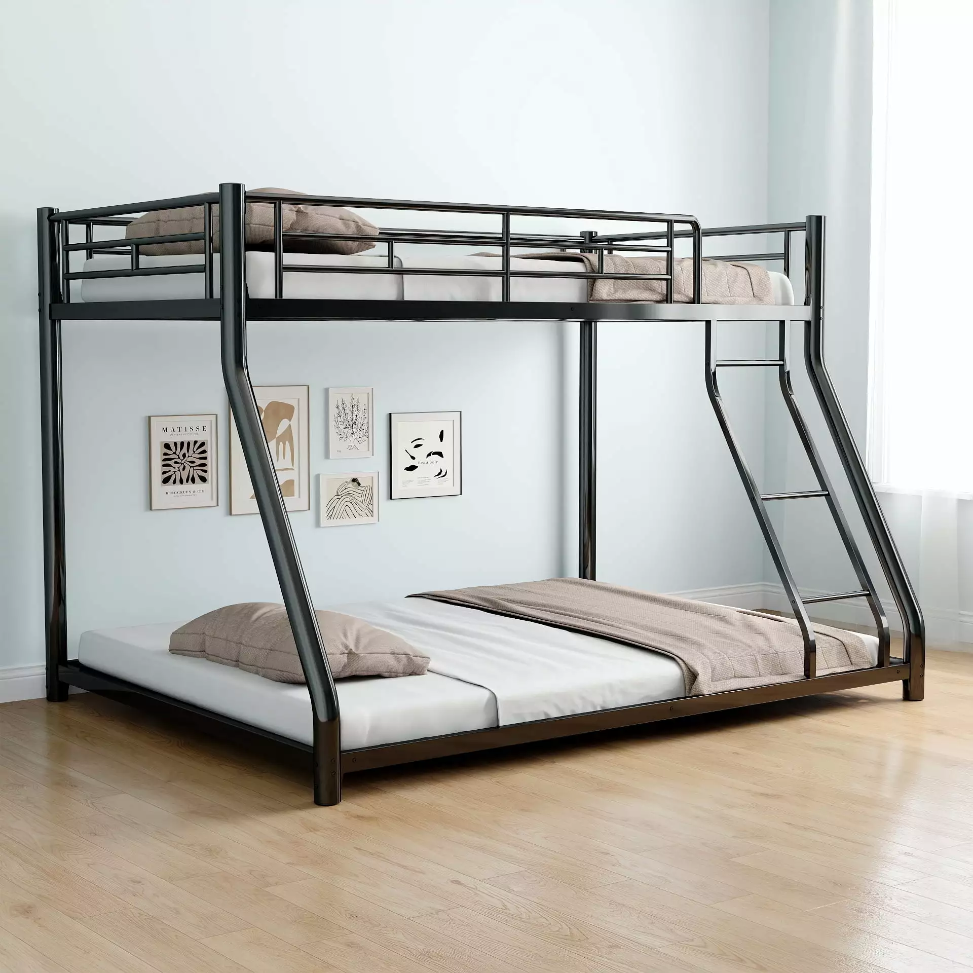 Twin Over Full Bunk Bed for Kids. Heavy Duty thicken Metal Bunk Bed Frame with Built-in Ladder and Safety Guard Rail. Noisy Free & No Box Spring Needed. Black