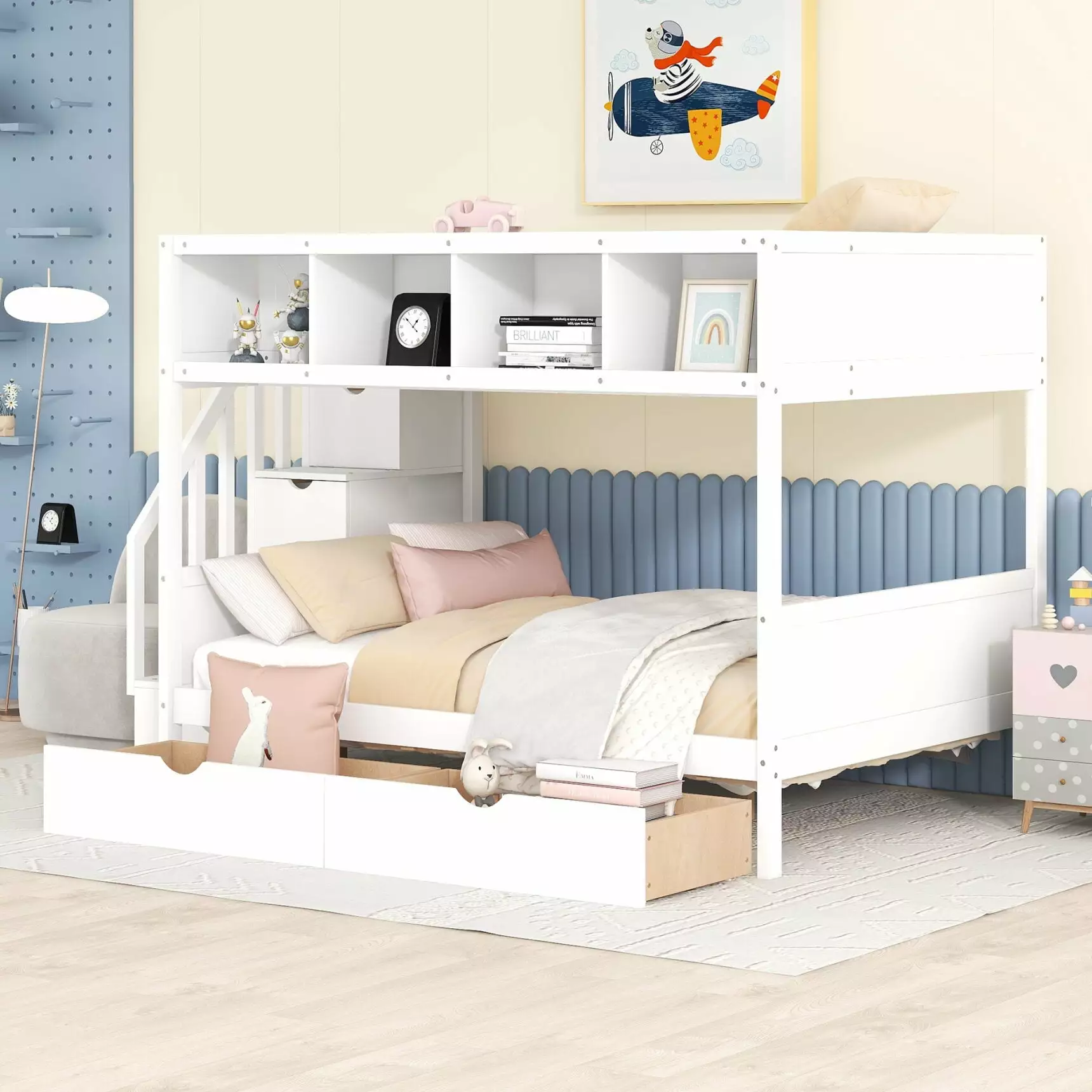 Twin Over Full Bunk Bed with Stairs and Storage Drawers. Wood Bunk Bed Frame with 2 Drawers and Shelves. Storage Staircase and Bookcase. Modern Bunked for Kids Boys Girls. No Box Spring Need (White)