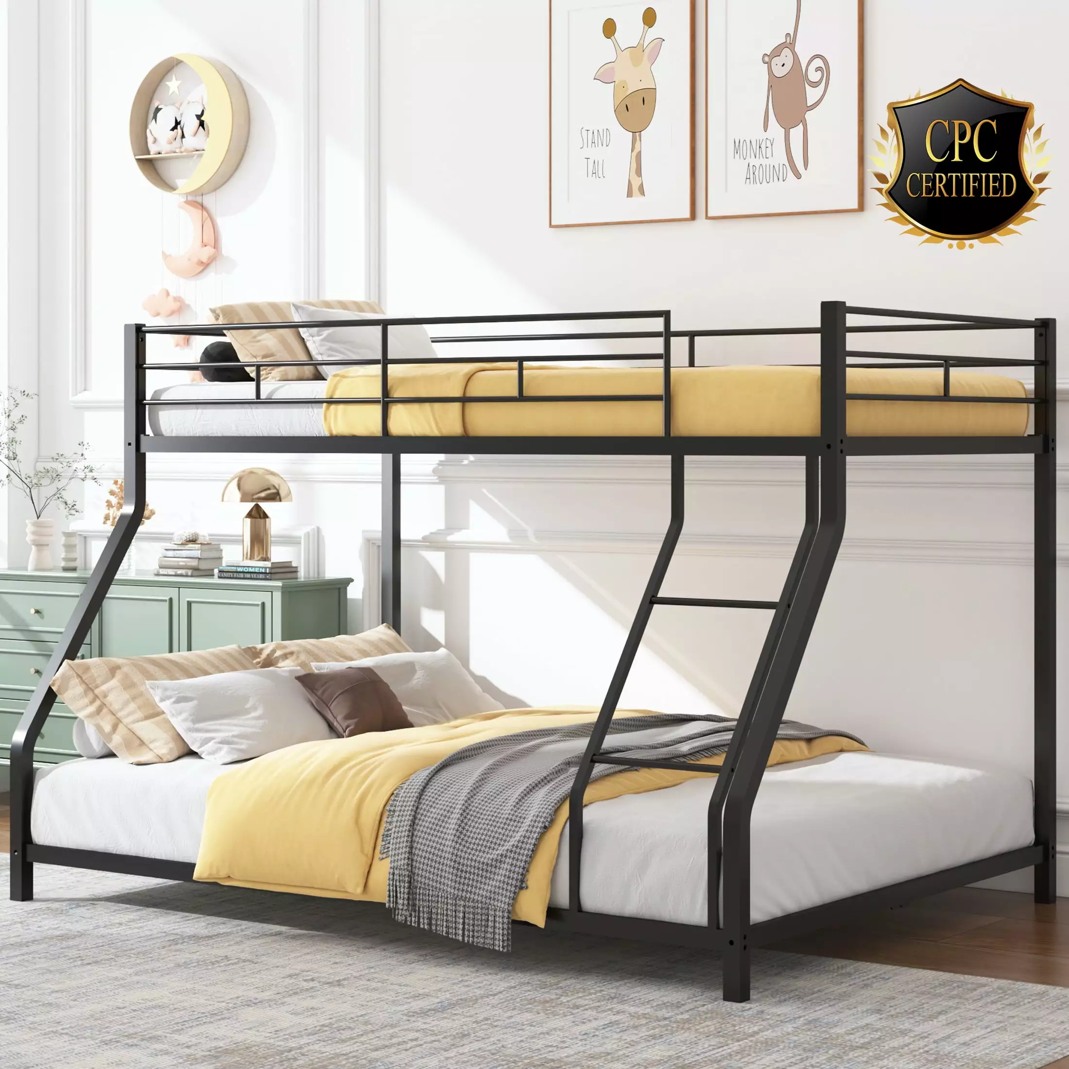 Twin Over Full Metal Bunk Bed. Heavy-duty Metal Bunk Beds Twin Over Full Size. Low Profile Metal Bunk Bed. Space-saving Loft Bunkbeds Frame for Kids. Modern Kids Furniture. No Spring Box Need. Black