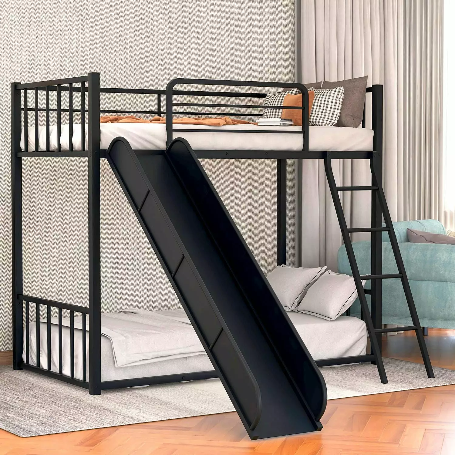 Twin Over Twin Metal Bunk Bed with Ladder and Slide. Heavy Duty Bed Frame with Safety Guard Rails for Kids Teens Adults. Easy to Assemble. No Box Spring Required. Black 77.9''Lx40.9''Wx53.9''H