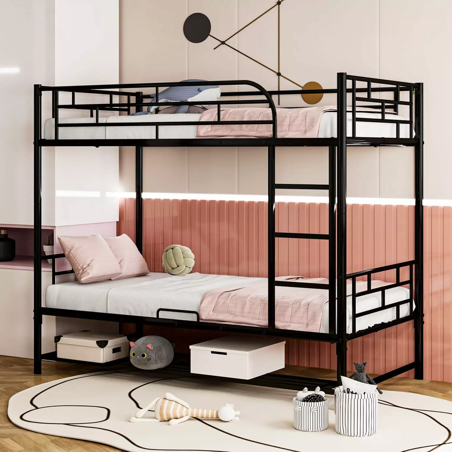 Twin Over Twin Size Bunk Bed with Storage Shelf. Heavy Duty Metal Bunk Bed Frame with Built-in Ladder and Safety Guard Rail. Floor Bunk Bed with Metal Frame for Kids. Toddlers.Teens.Adults.Black