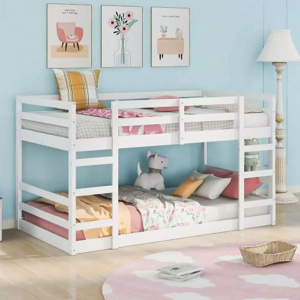 Twin-Over-Twin Bunk Bed with Ladder & Safety Guardrails.Solid Pinewood Bedframe.Toddlers Low Floor BunkBed for Kids Bedroom.Space Saving. White