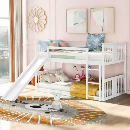 Twin Over Twin Bunk Bed with Slide and Ladder. Solid Wood Low Bunkbeds for Toddlers/Kids/Teens. White