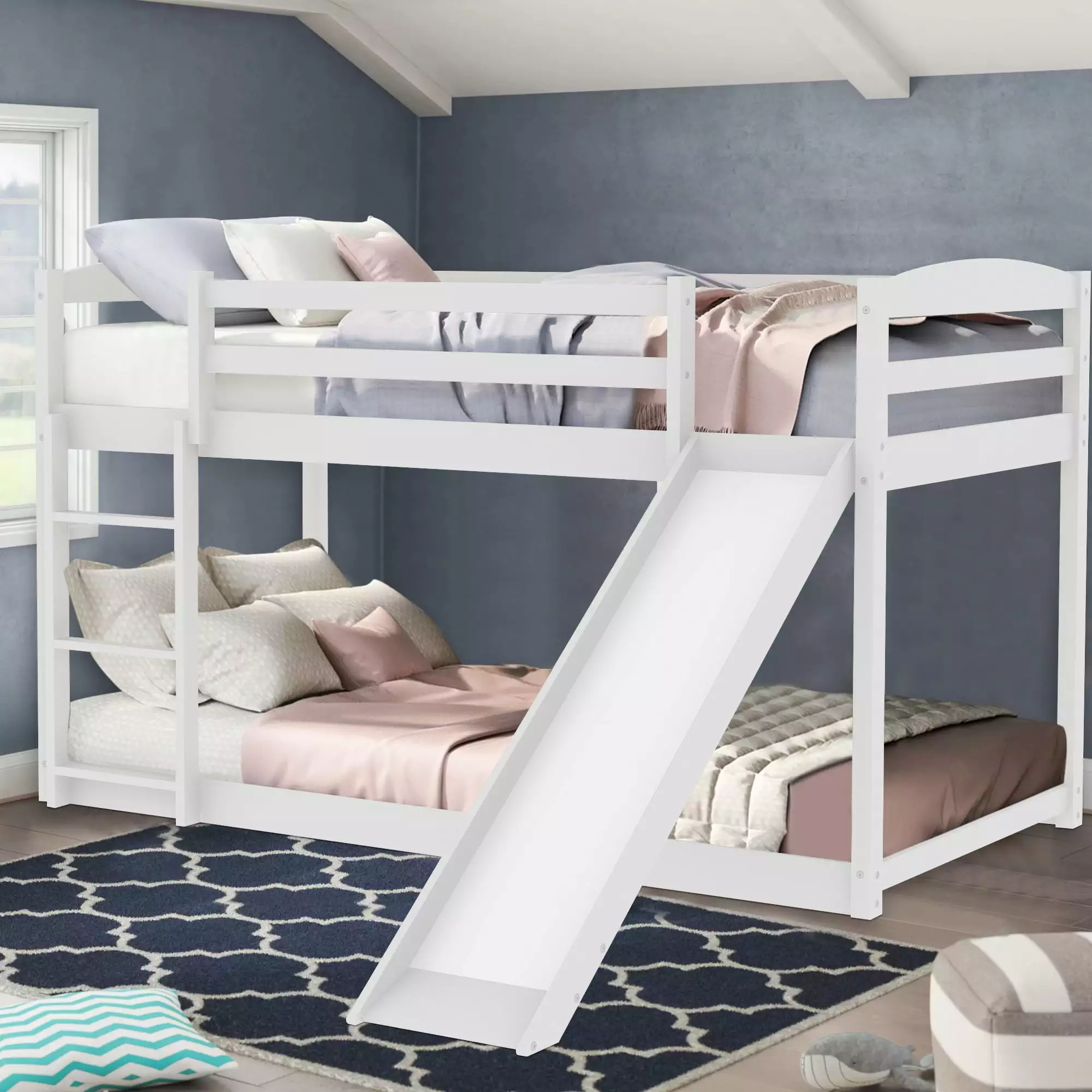 Twin Over Twin Wooden Bunk Bed with Convertible Slide and Durable Ladder. High Guardrail Kid Bed Frame. Low Bunk Beds for Boys. Girls and Teens. White. Maximum Weight Capacity 400 lbs. TE848