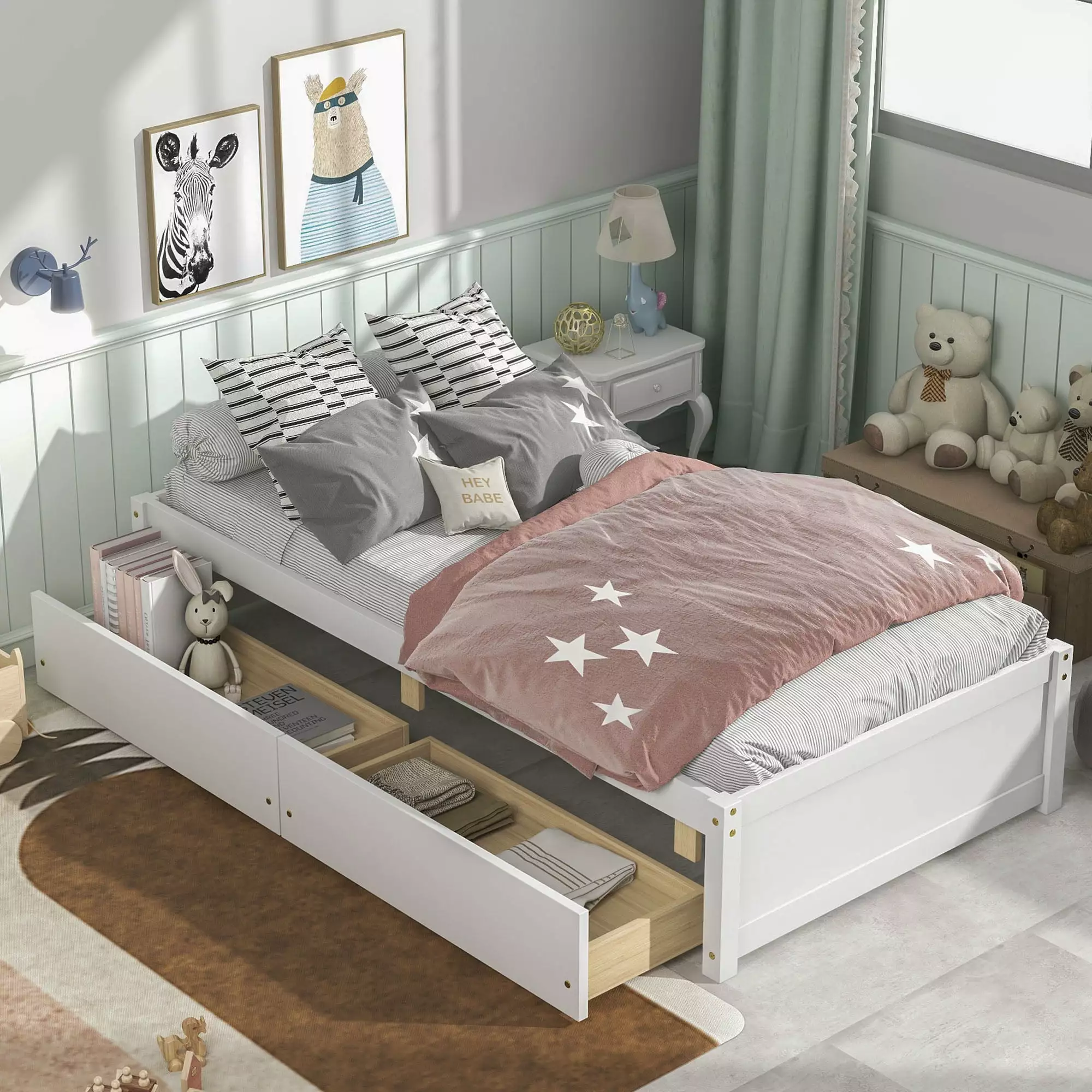 Twin Platform Bed Frame with Storage Drawers. Solid Wood Twin Size Bed Frame New Upgraded Wood Platform Bed. Modern Bedroom Furniture Single Bed for Kids Teens Adults. No Box Spring Needed. White