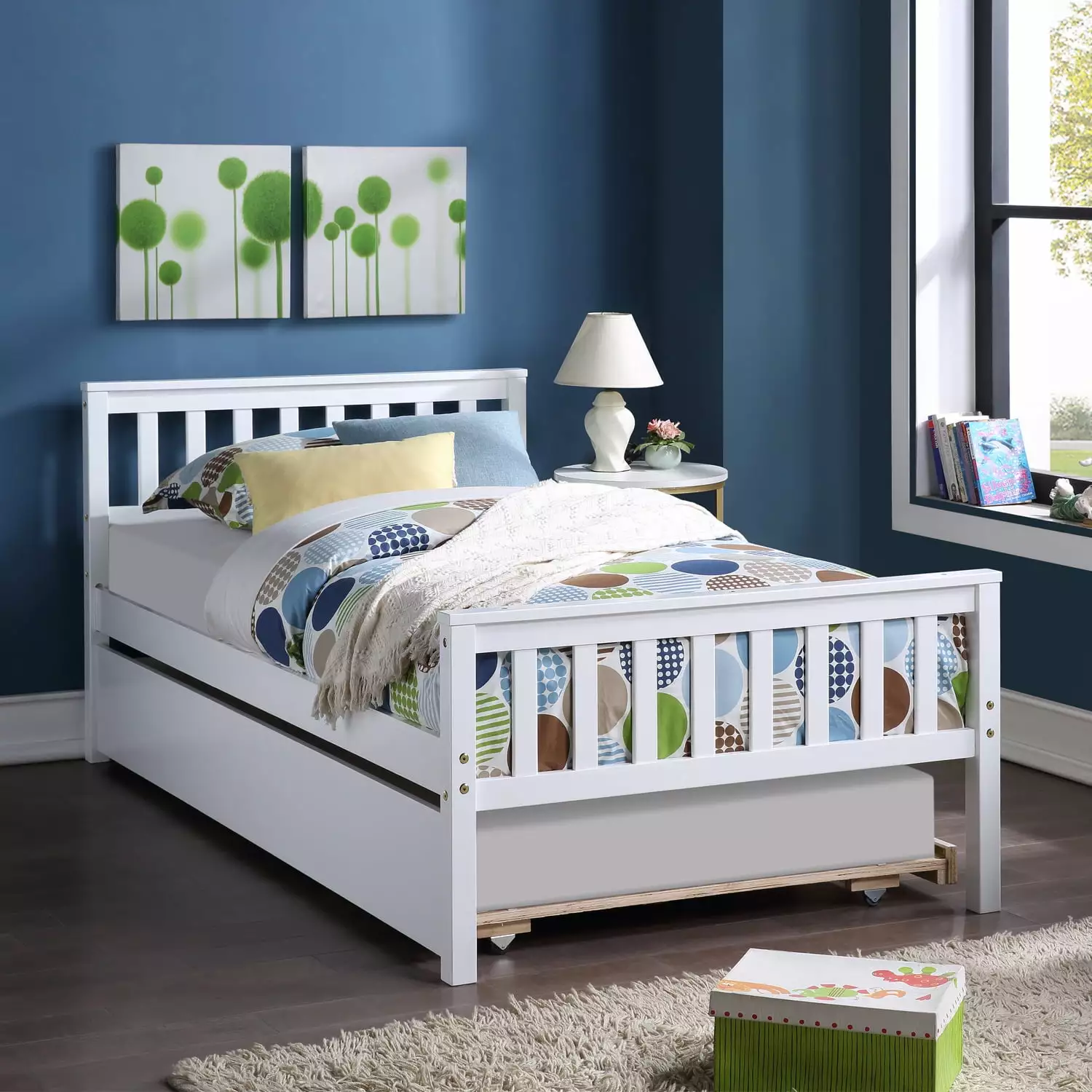 Twin Platform Bed with Trundle. Solid Wooden Twin Size Bed Frame with Headboard & Footboard for Kids Teens Boys Girls. No Box Spring Needed. White 79.5L*42W*33.5H