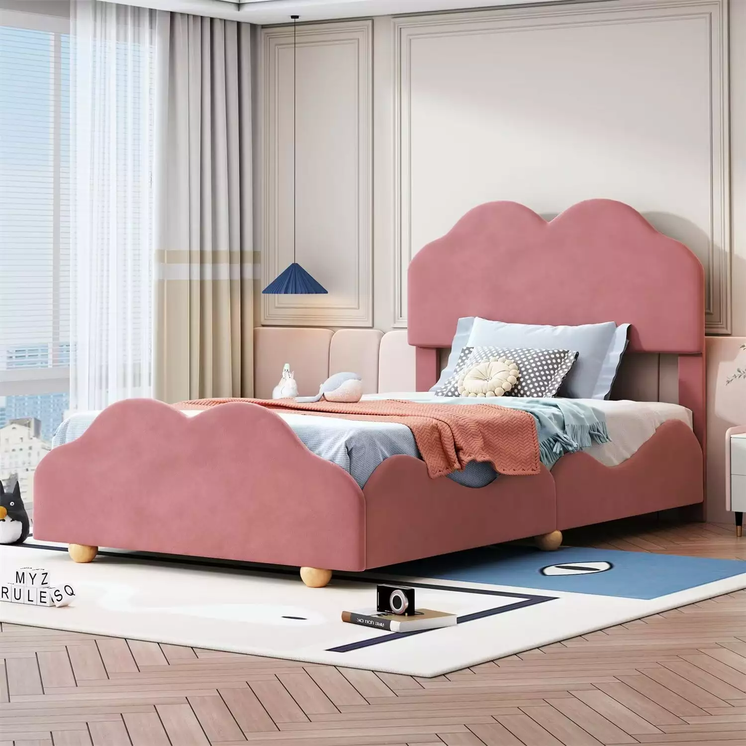 Twin Size Bed Frame for Kids Velvet Upholstered Platform Bed with Cloud Shaped Bed Board. Twin Cute Platform Bed with Special Round Legs Support for Boys Girls Bedroom. Dark Pink