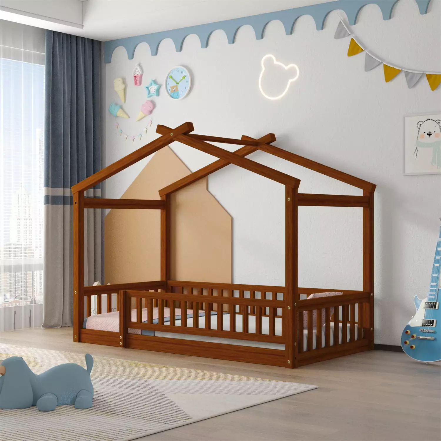 Twin Size Floor Bed Frame with Roof. Solid Wood Montessori Bed with Fence-Shaped Guardrails and Slat Support. Playhouse Bed for Kids Boys Girls. No Box Spring Needed. Walnut