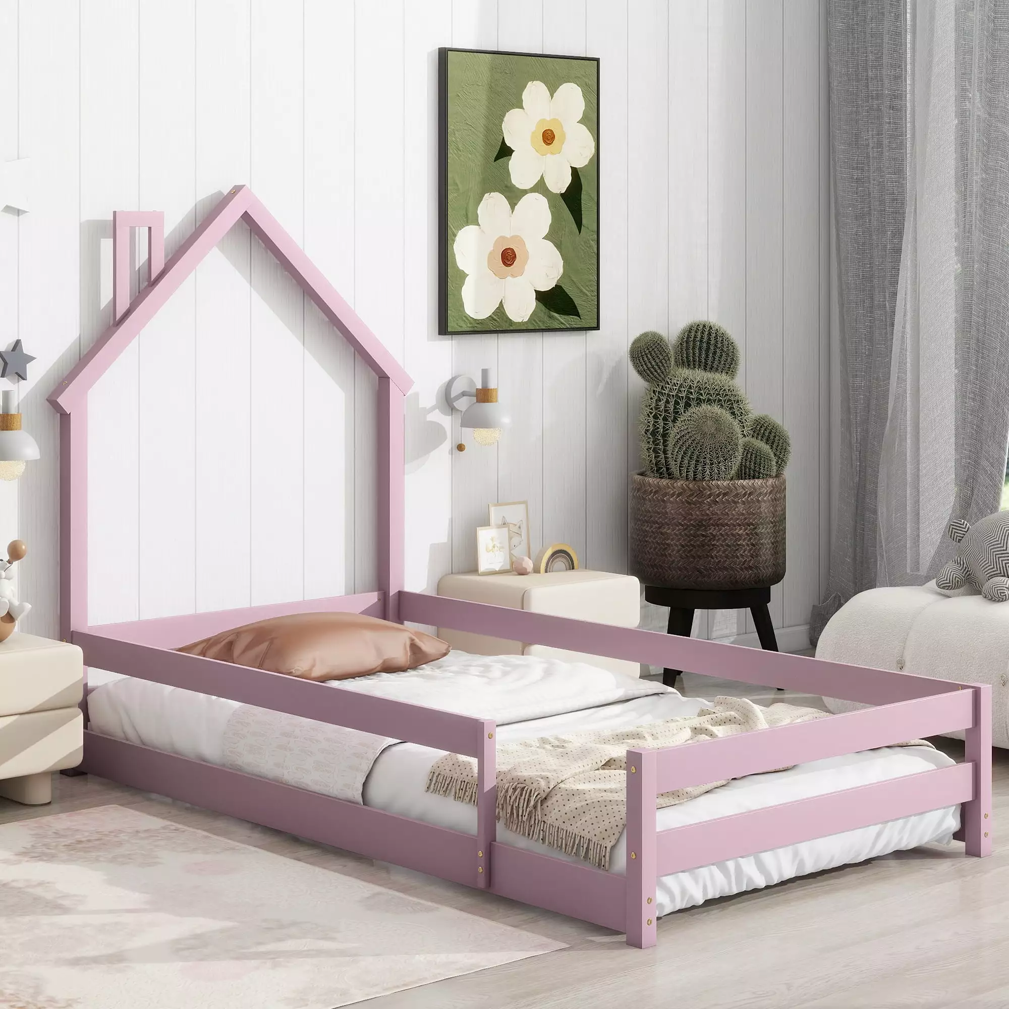 Twin Size Floor Bed with House-Shaped Headboard.Wooden Montessori Floor Bed with Fence Guardrails.Wood House Platform Bed for Girls and Boys. No Weight Limit.Pink