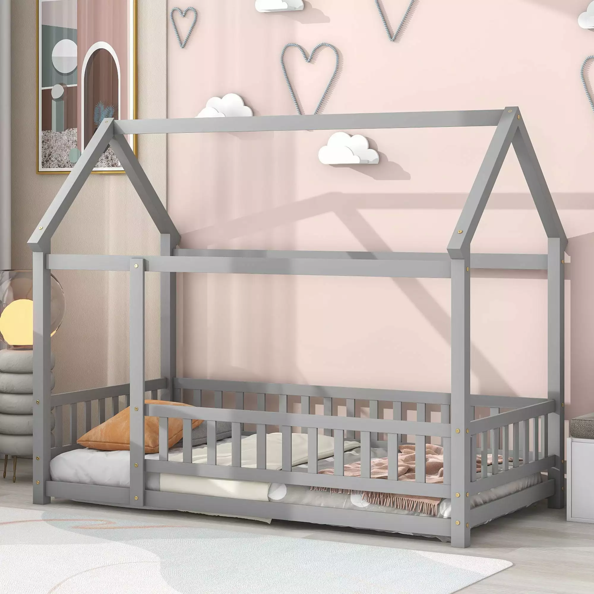 Twin Size Floor Bed for Kids. Montessori Bed Frame with Fence Guardrails and Door Low Wooden Kids Bed Frame for Girls Boys. Easy Assembly. No Limit Weight Capacity. Gray