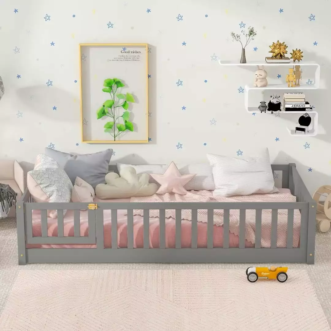 Twin Size Floor Bed for Kids. Wood Twin Montessori Bed Frame with Fence Guardrails and & Support Slats. Twin Playhouse Bed with Door Design. Kids Fence Bed Playpen Bed for Toddler. Boys .Girls. Gray