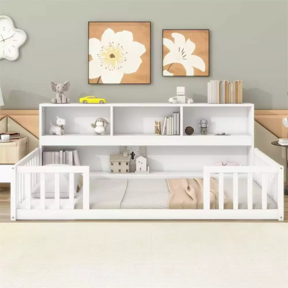 Twin Size Floor Bed for Kids. Wooden Montessori Bed with Bedside Bookcase and Shelves Guardrails. Twin Floor Bed Frame for Boys Girls Teens Bedroom. Space-Saving. White