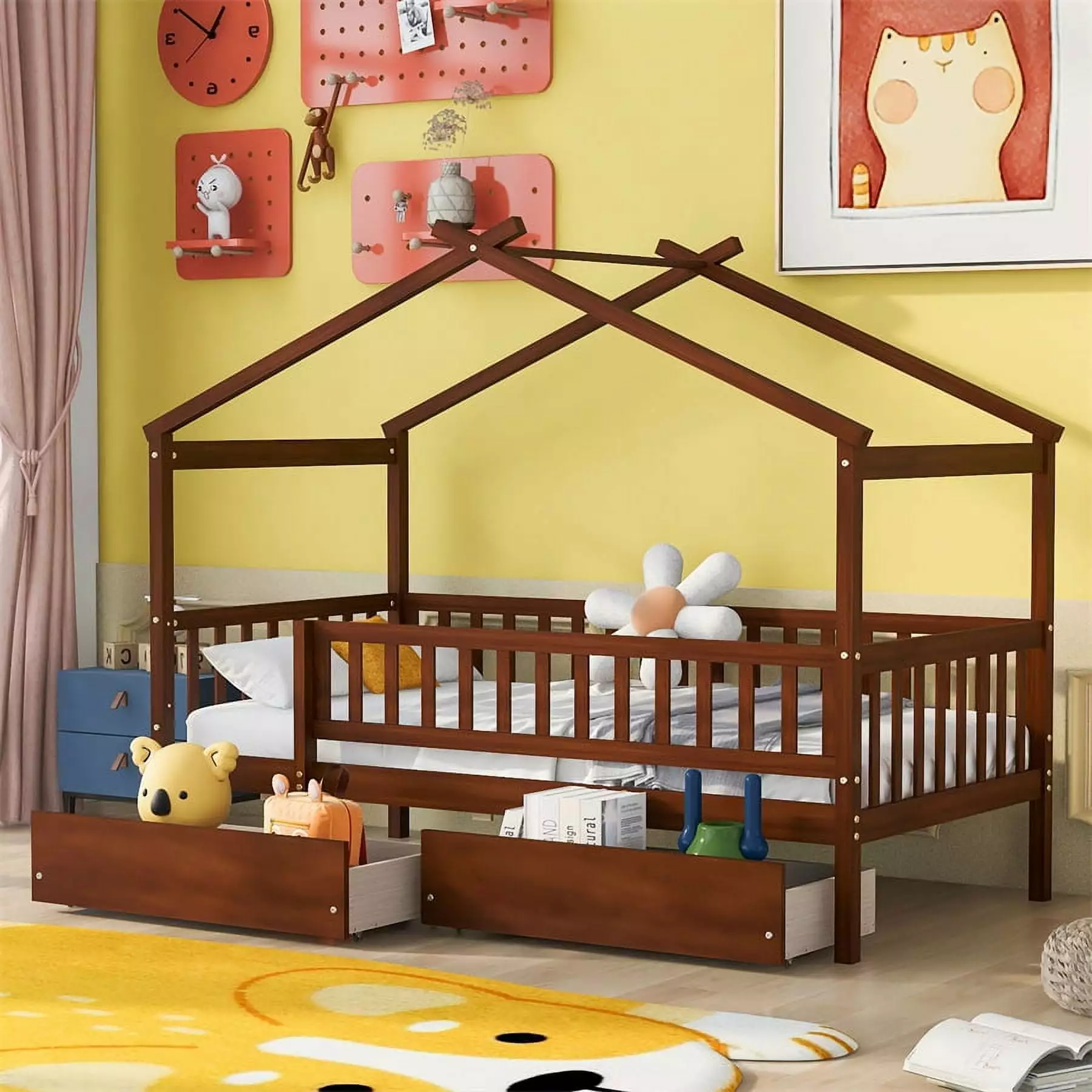 Twin Size House Bed for Kids. House-Shaped Bed Frame with 2 Storage Drawers. Sturdy Wooden House Bed with 2 Headboards and Fence. Playhouse Tent Bed for Teens Girls Boys. Walnut