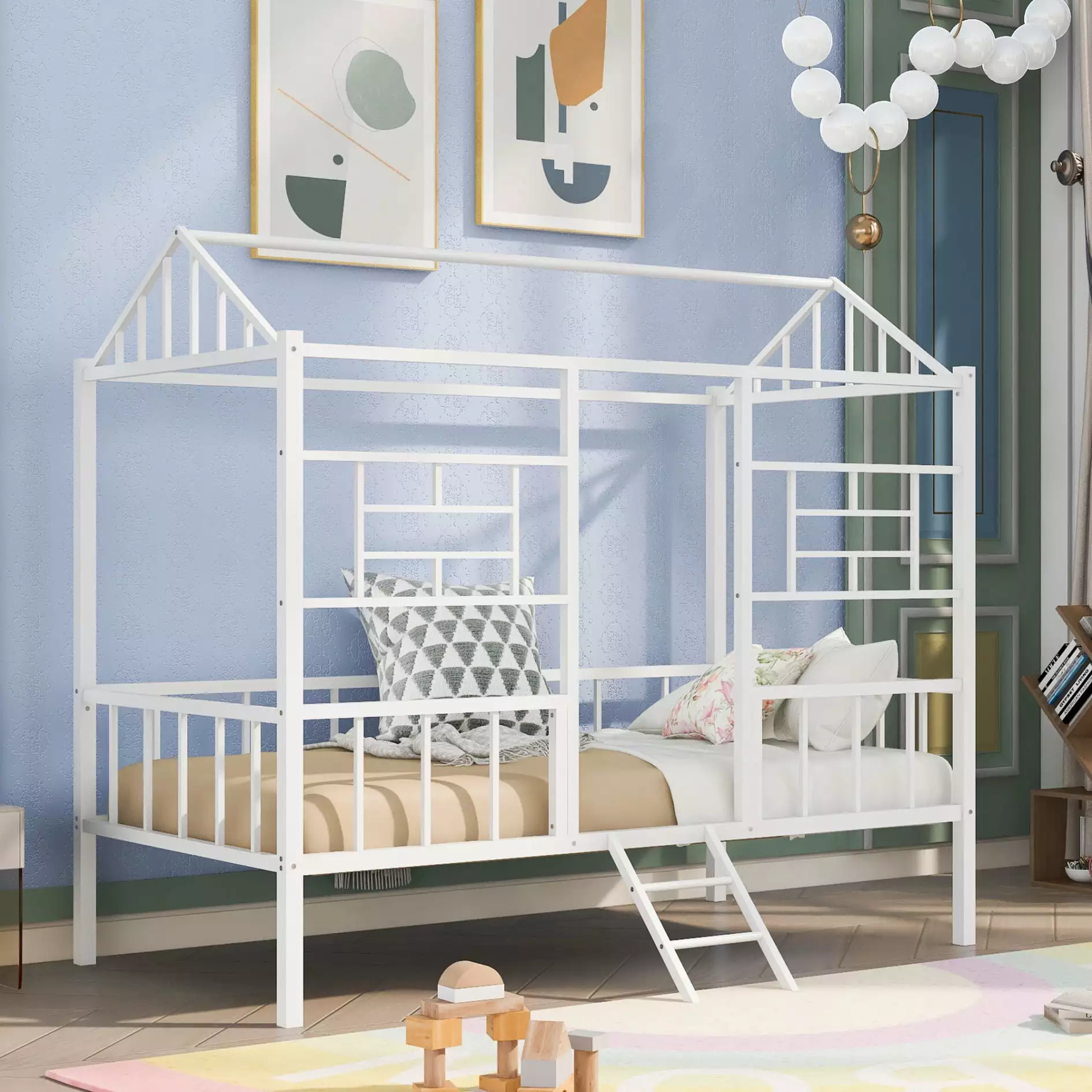 Twin Size House Bed. Metal House Bed Frame with Slatted Support. Low Loft Bed for Kids with Ladder and Full-Length Guardrail. Playhouse Bed with Roof. Window and Door Design for Boys and Girls. White