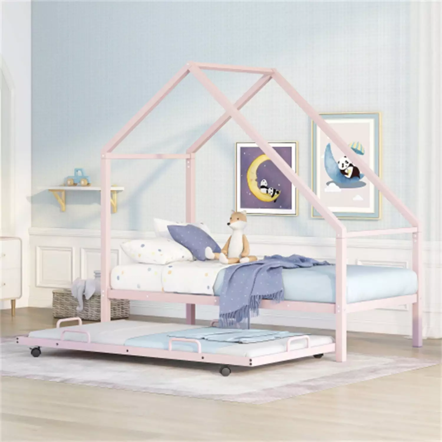 Twin Size House Bed With Trundle. Metal House Bed Frame with Roof and Slats Supports. Low Platform Bed for Boys Girls and Teens. No Box Spring Needed. Pink