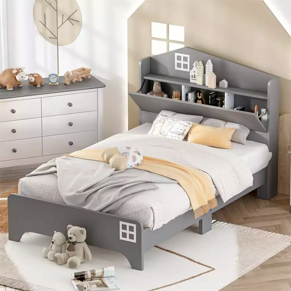 Twin Size House Bed with Storage Headboard. Kids Bed with Storage Shelf. Wooden Platform Bed Frame for Bedroom. No Box Spring Needed. Grey