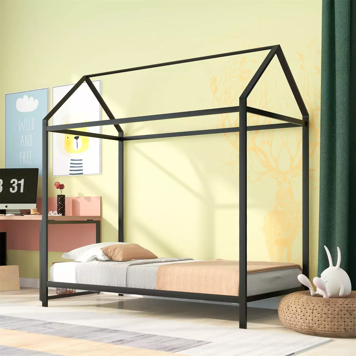 Twin Size House Platform Bed. Metal Platform Bed Frame with Roof. Floor House Bed for Kids. Boys and Girls. No Box Spring Required. Easy Assembly. Black