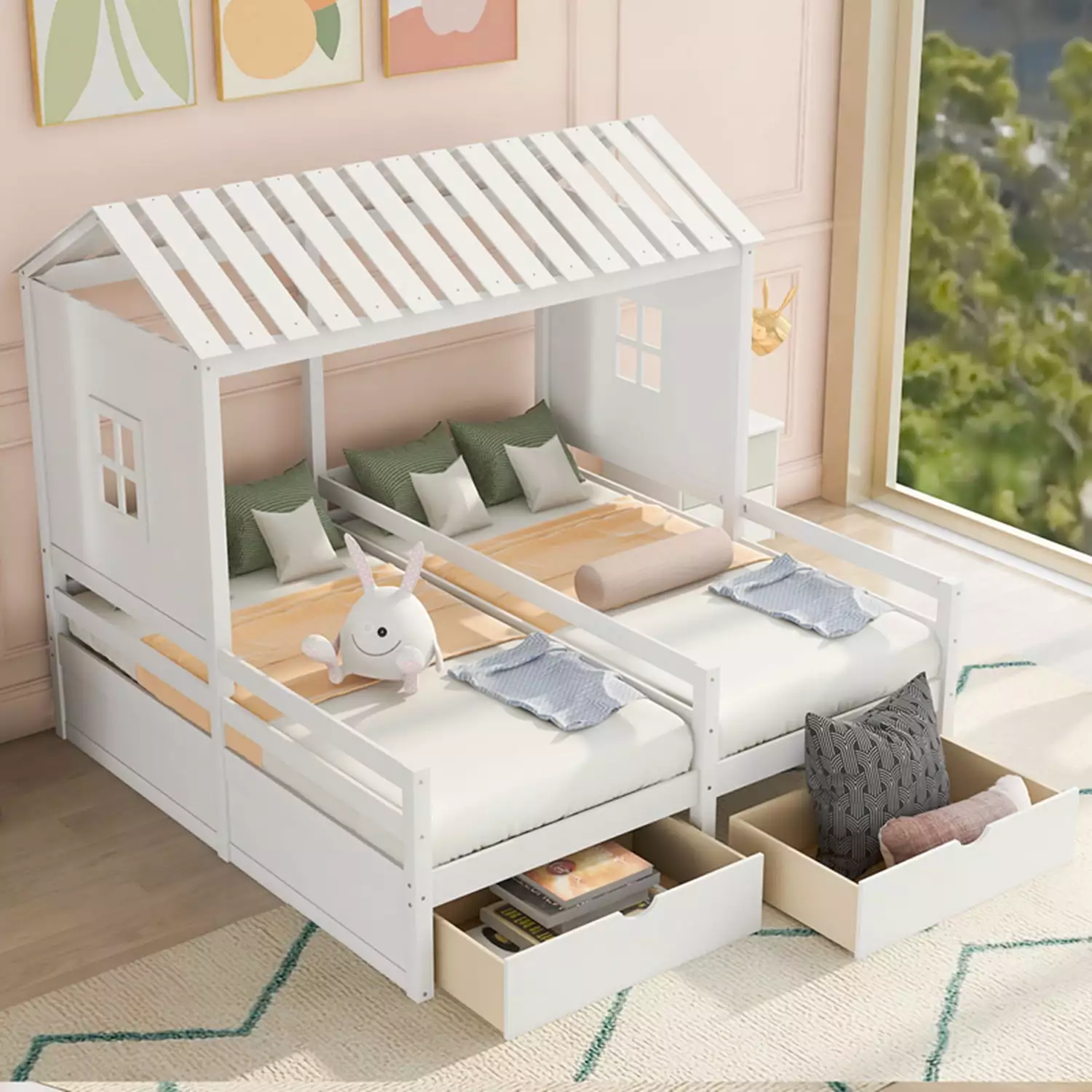 Twin Size House Platform Bed with Two Drawers. Wooden Double Platform Bed Frame with Roof and Windows. Combination of 2 Side by Side Twin Size Beds for Kids Boys Girls. No Box Spring Needed. White