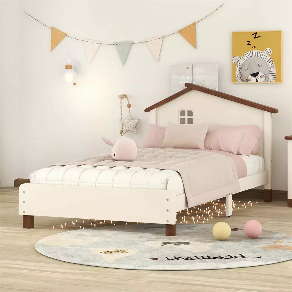 Twin Size Kids Bed with House-Shaped Headboard. Wood Platform Bed Frame with Wood Slat for Boys Girls. Twin Size Bed Frame for Bedroom. Dorm and Apartment. No Box Spring Needed. Cream+Walnut