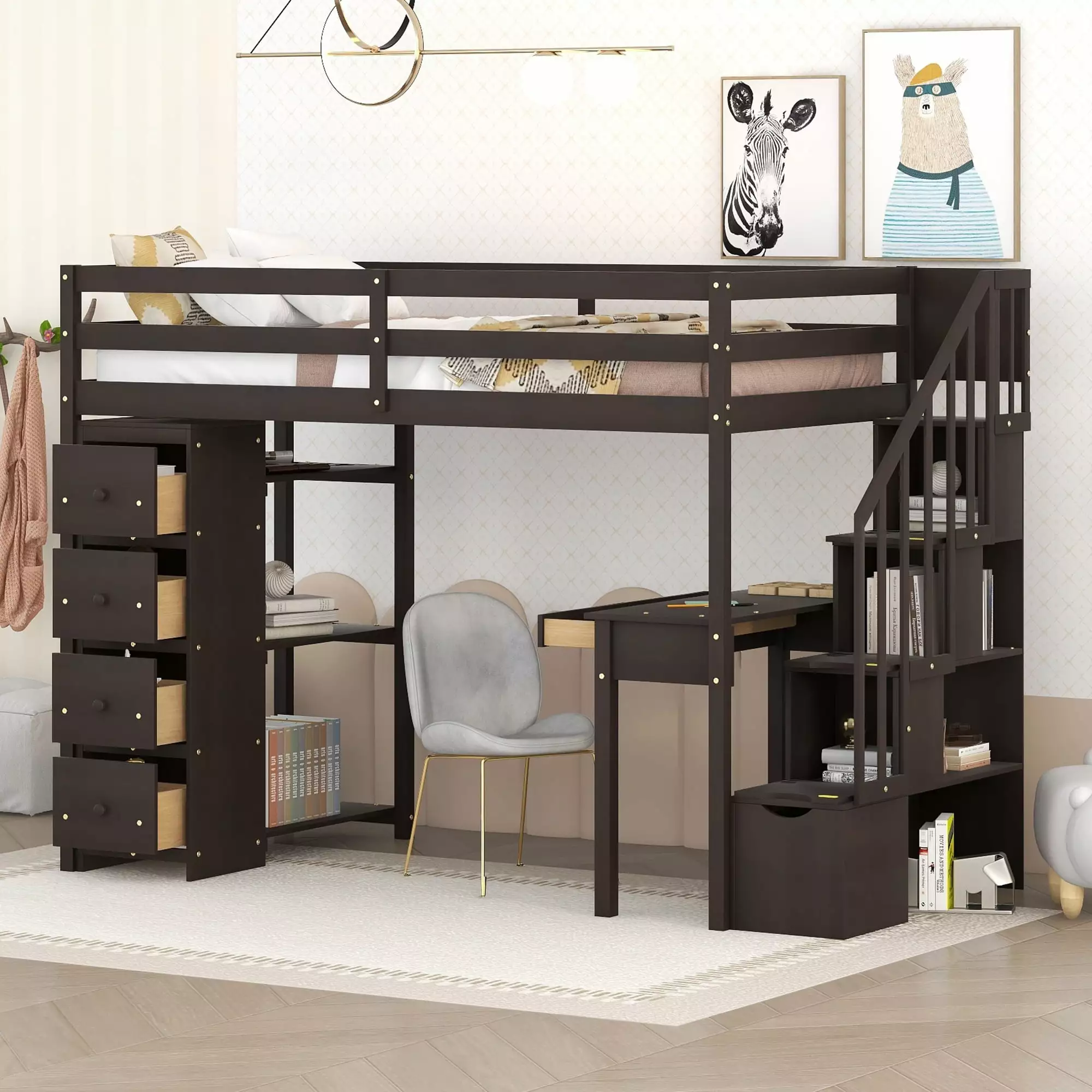 Twin Size Loft Bed with Stairs for Kids. Solid Wood Bed Frame with Built-in Desk. 4 Storage Drawers and 3-Tier Shelves. Modern Versatile Bed with Safety Guardrails for Boys and Girls. Espresso