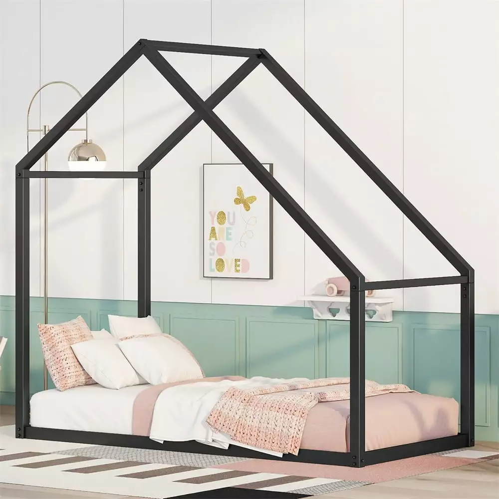 Twin Size Metal Bed Frame. House Bed Frame with Roof and Slatted Base. Tent Twin Platform Bed. House Shape Decorable Playhouse Bed. No Box Spring Needed and Easy Assembly. Black