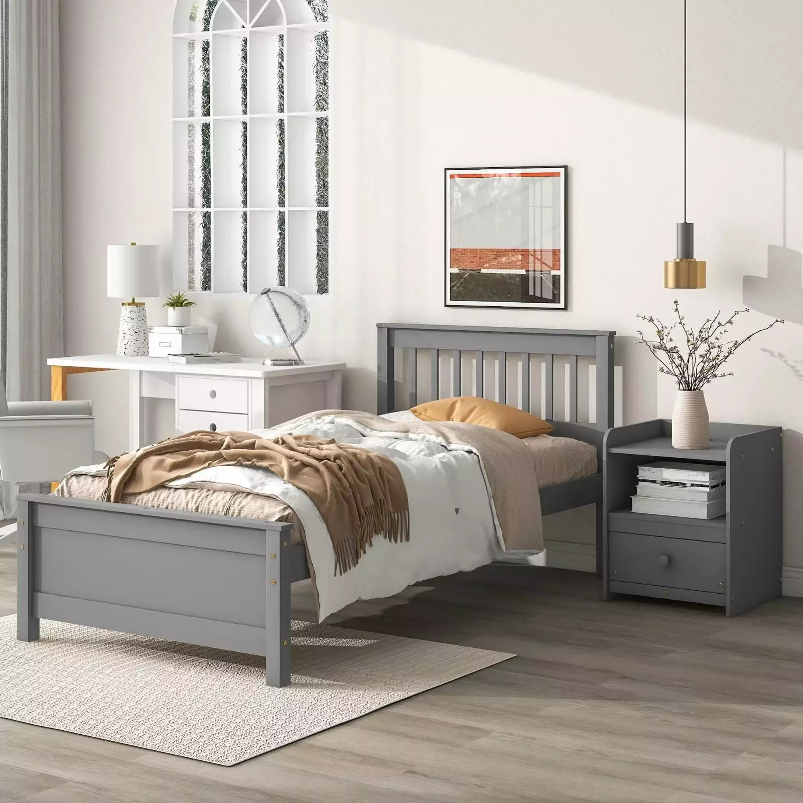 Twin Size Platform Bed with 1 One-Drawer Nightstand. Solid Wood Platform Bed Frame with Headboard and Footboard. Set of 2 Bedroom Furniture Set for Boys Girls Adults. No Box Spring Needed. Gray