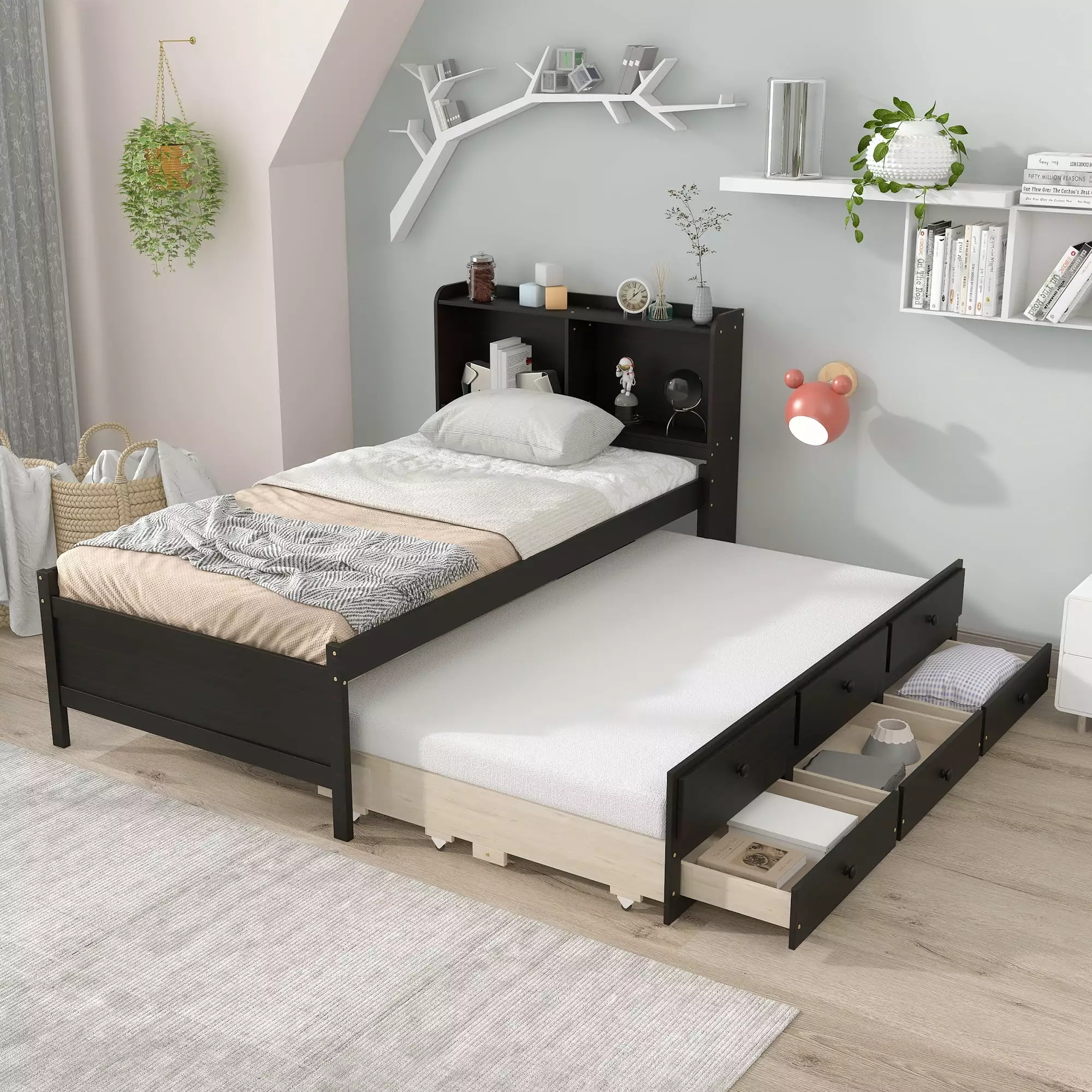 Twin Size Platform Bed with Bookcase Headboard. Wood Captain's Bed Frame with Twin Pull out Trundle and 3 Drawers. Wooden Storage Bed Frame for Kids Teens Adults. No Box Spring Needed. Edpresso