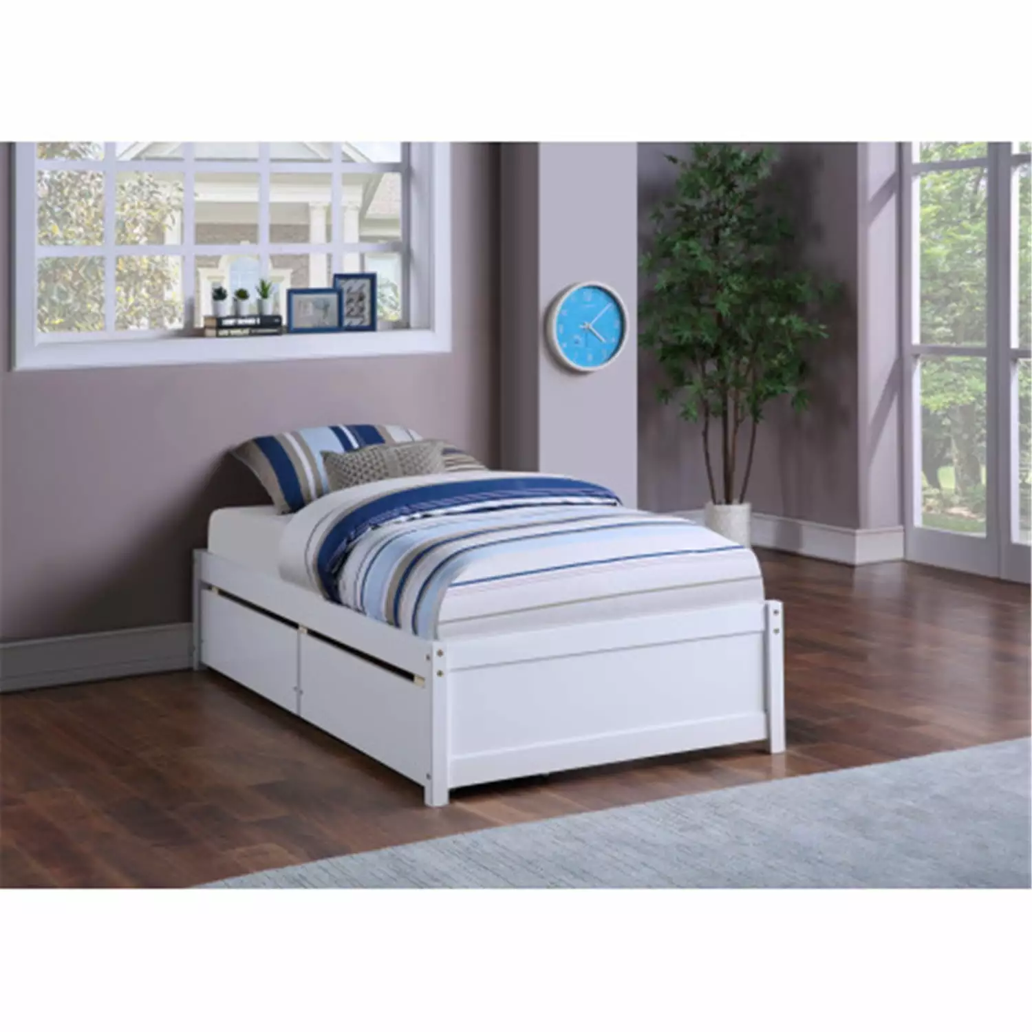 Twin Size Platform Bed Frame with 2 Pull Out Storage Drawers. Wood Slats Support. Holds Up to 200lbs. Wihte