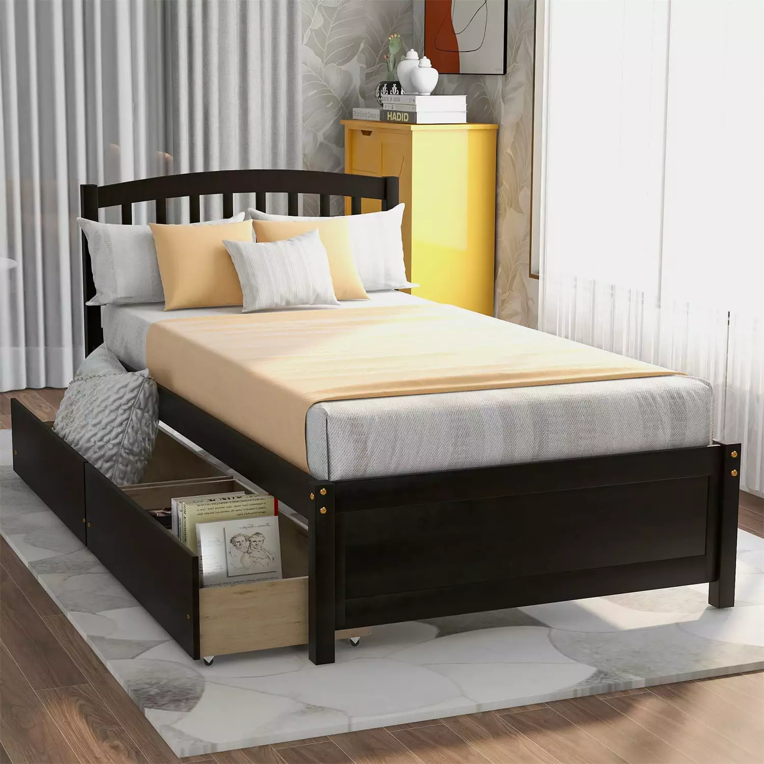 Twin Size Platform Bed with Storage. Twin Wood Bed Frame with Two Drawers & Headboard & Under-bed Space. for Kids Teens Adults. No Box Spring Needed. Espresso