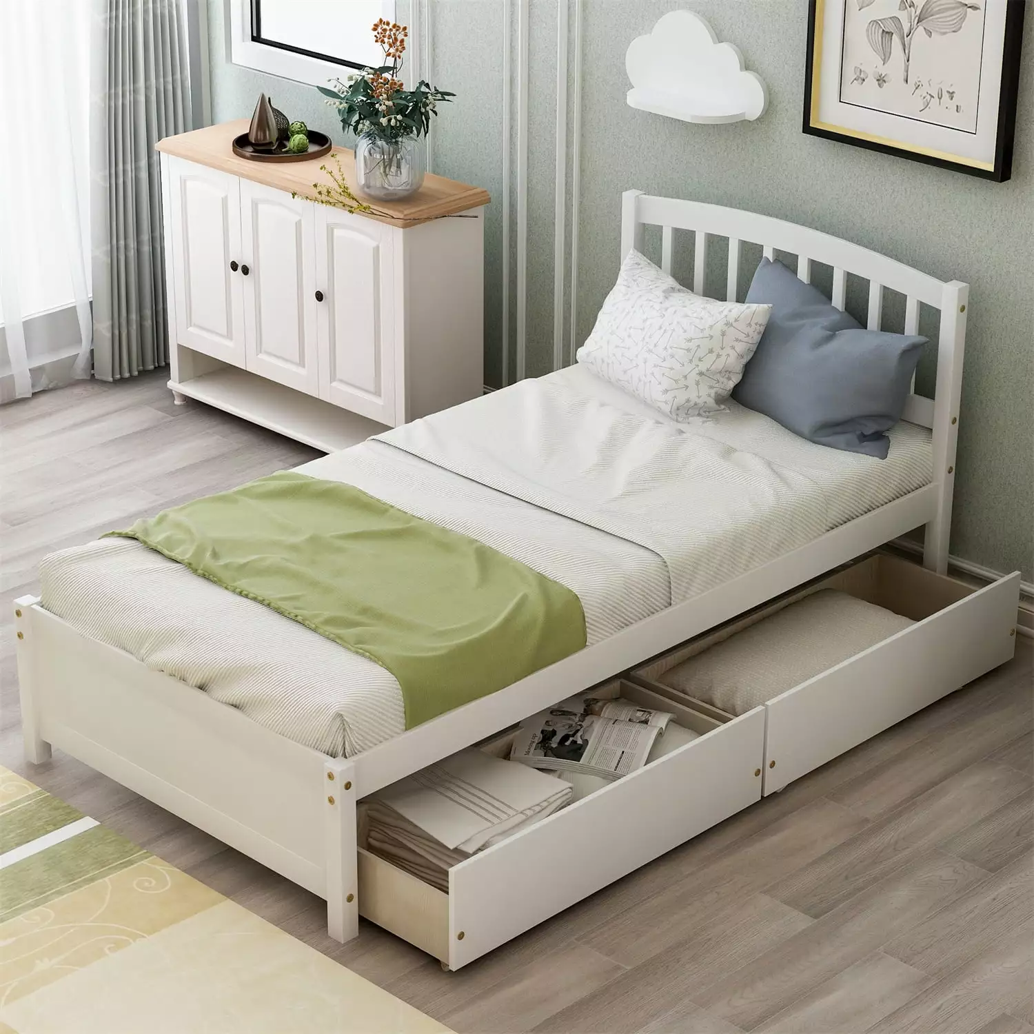 Twin Size Platform Bed with Storage. Twin Wood Bed Frame with Two Drawers & Headboard & Under-bed Space. for Kids Teens Adults. No Box Spring Needed. White