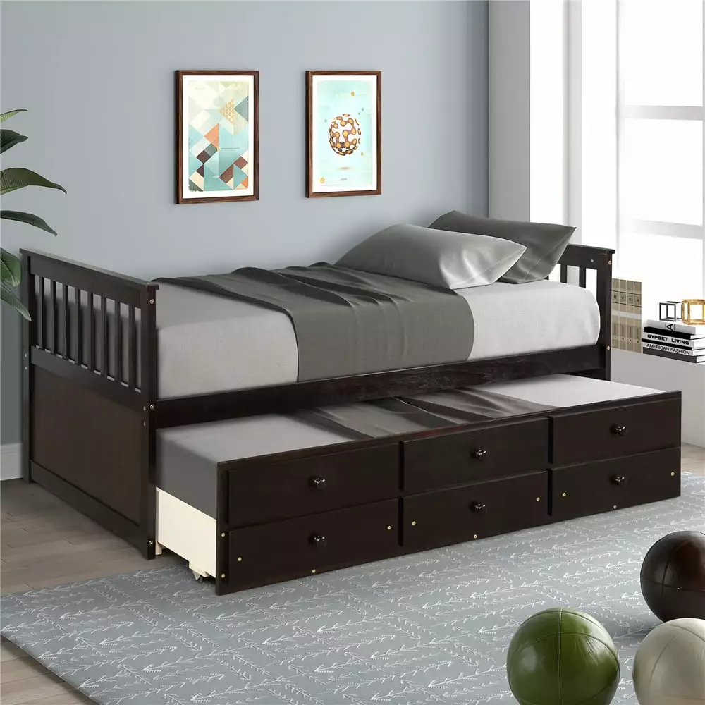 Twin Size Platform Bed with Trundle and 3 Storage Drawers. Heavy Duty Modern Twin Size Storage Bed Frame with Wood Support Slat. Solid Mate's & Captain's Bed Twin for Kids Boys Girls. I9664