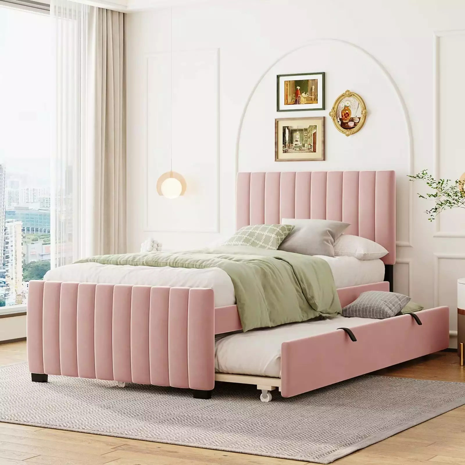 Twin Size Platform Bed with Twin Size Trundle. Velvet Upholstered Platform Bed Frame with Headboard. 300LBS Load Modern Bed Frame for Kids Teens. Pink