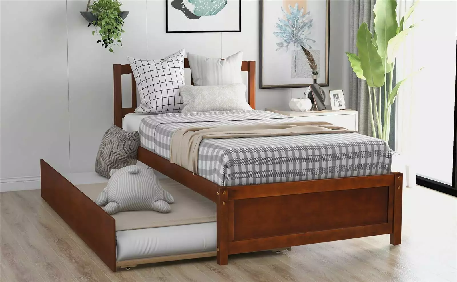 Twin Size Platform Bed Wood Bed Frame with Trundle. Mattress Foundation. Wood Slat Support. No Box Spring Needed. Easy Assembly. Walnut