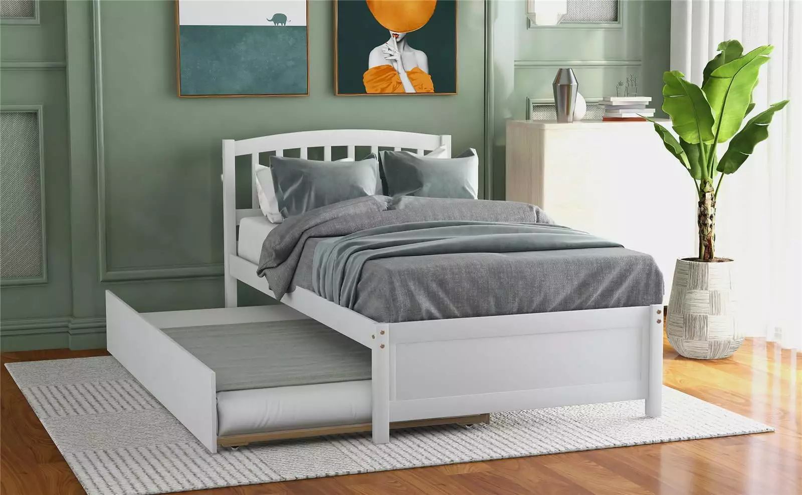 Twin Size Platform Bed Wood Bed Frame with Trundle. Mattress Foundation. Wood Slat Support. No Box Spring Needed. Easy Assembly. White