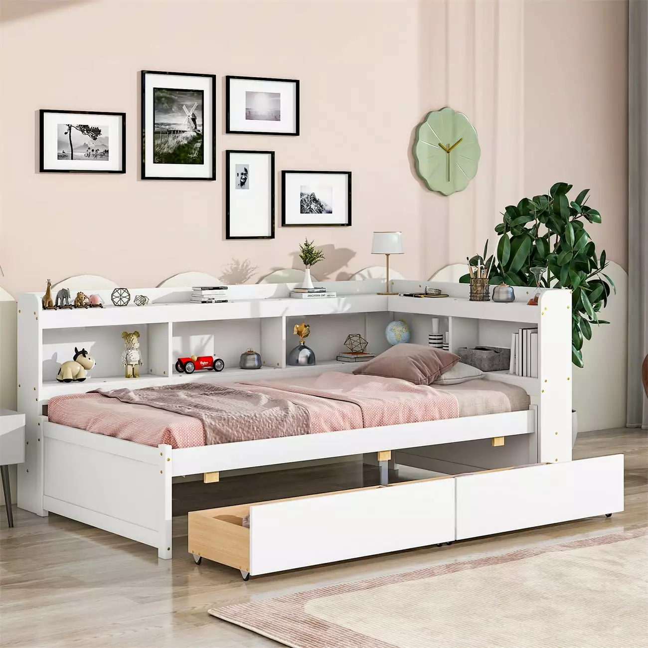 Twin Size Platform Bed. Wood Floor Bed with L-shaped Bookcase for Kids Teens Adults. Space Saving Design Bed Frame with 2 Storage Drawers for Bedroom Dorm Guest Room. No Box Spring Needed. White